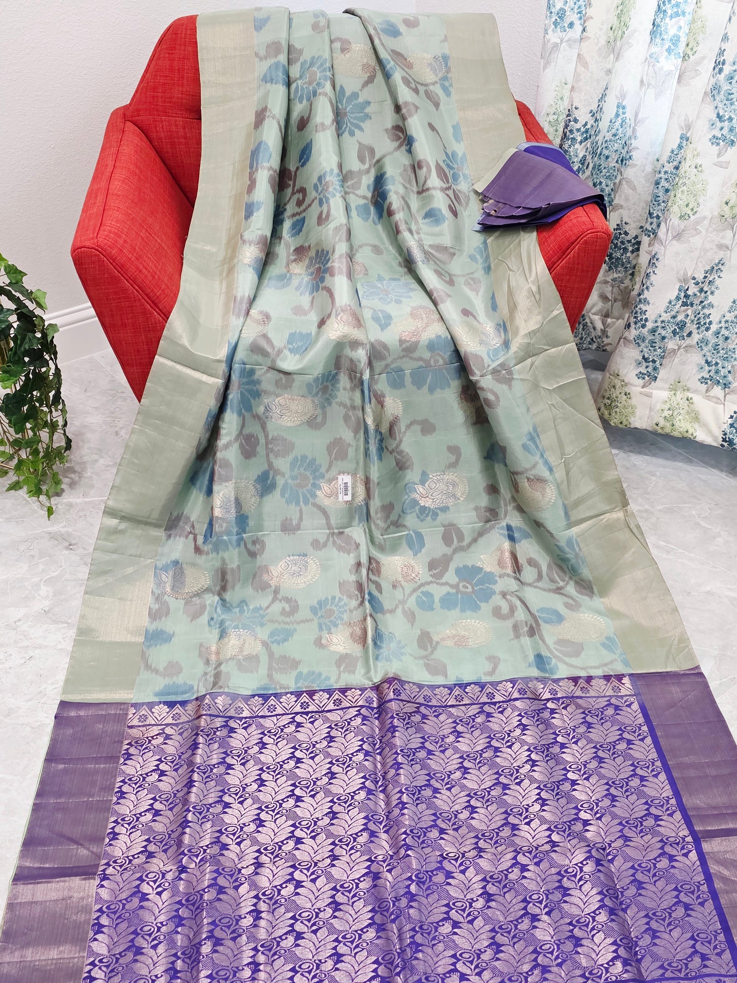 Mint Green Semi Kanchi Soft Silk Pochampally Print Saree with Purple Pallu
