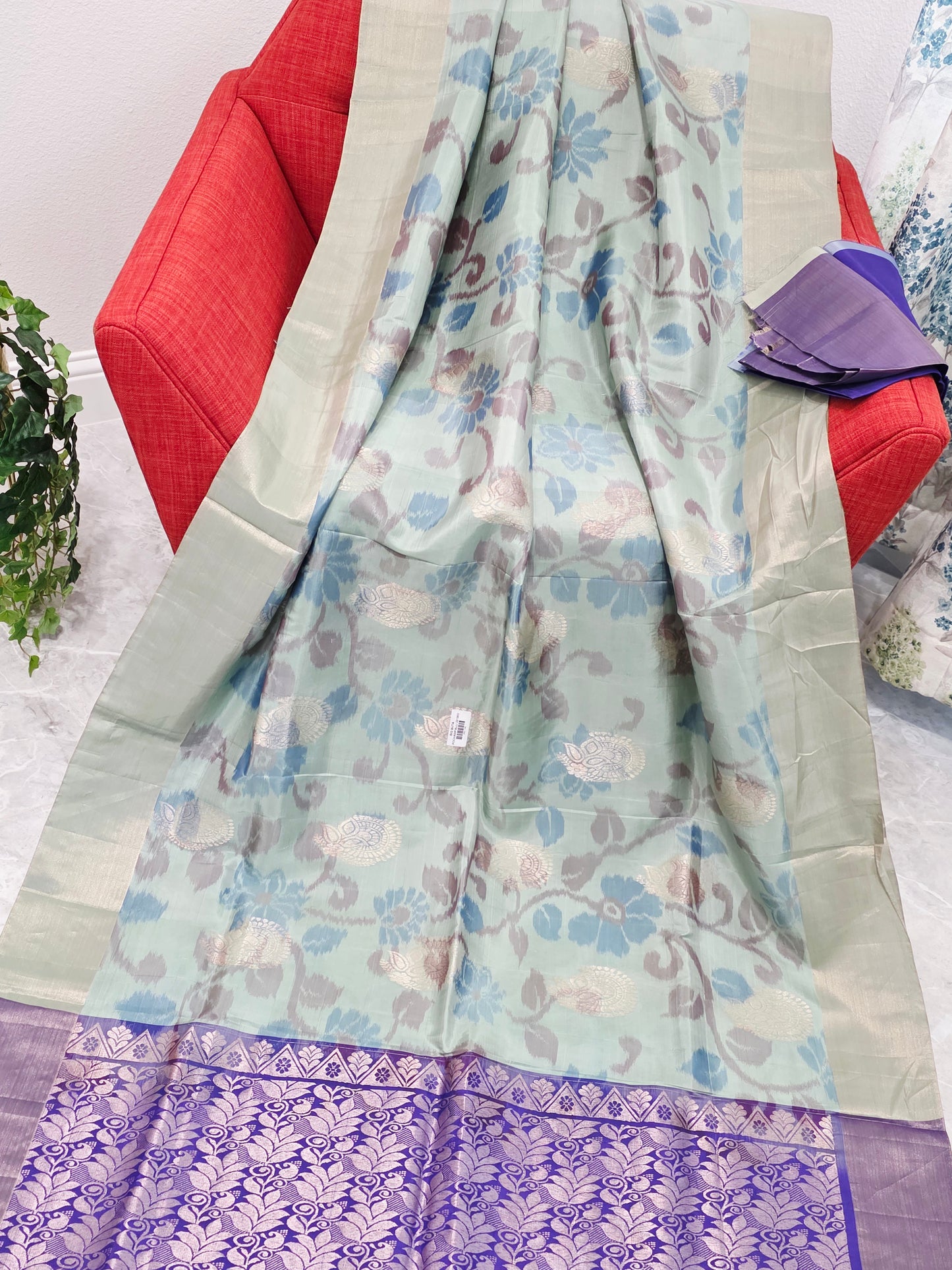 Mint Green Semi Kanchi Soft Silk Pochampally Print Saree with Purple Pallu