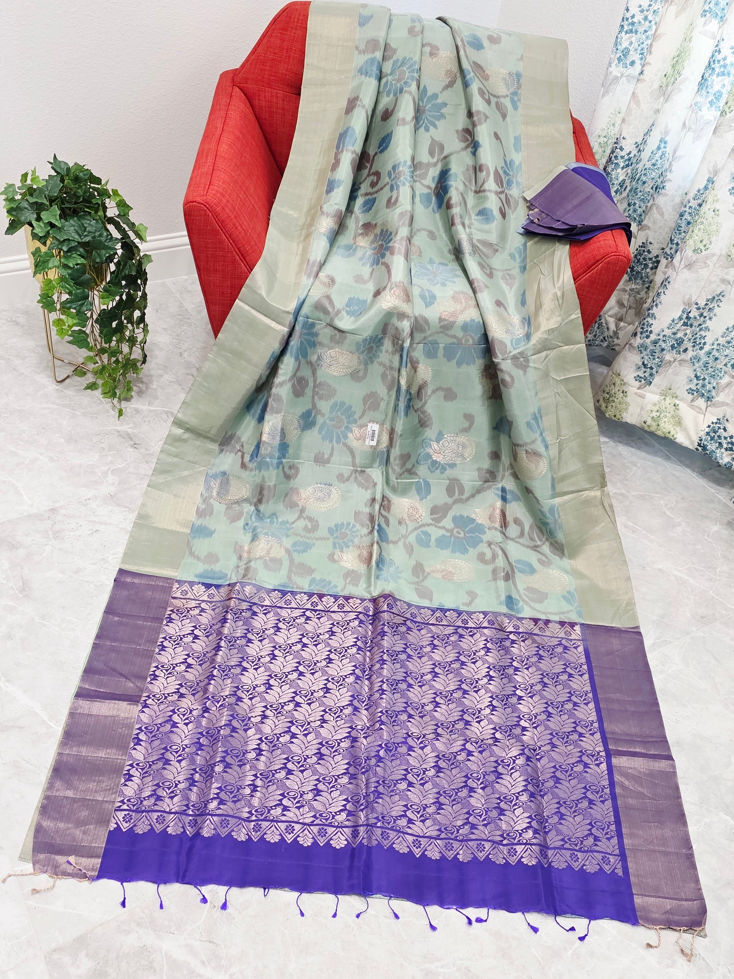 Mint Green Semi Kanchi Soft Silk Pochampally Print Saree with Purple Pallu