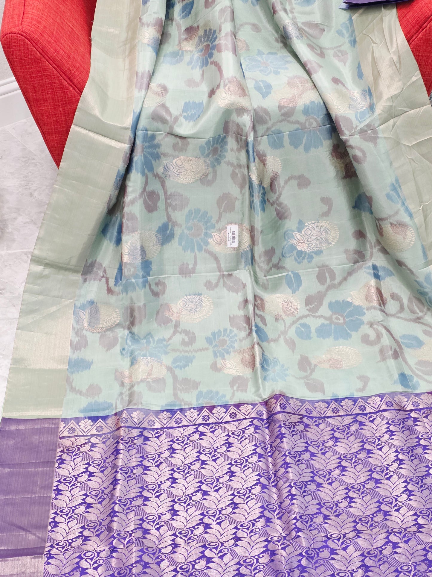 Mint Green Semi Kanchi Soft Silk Pochampally Print Saree with Purple Pallu