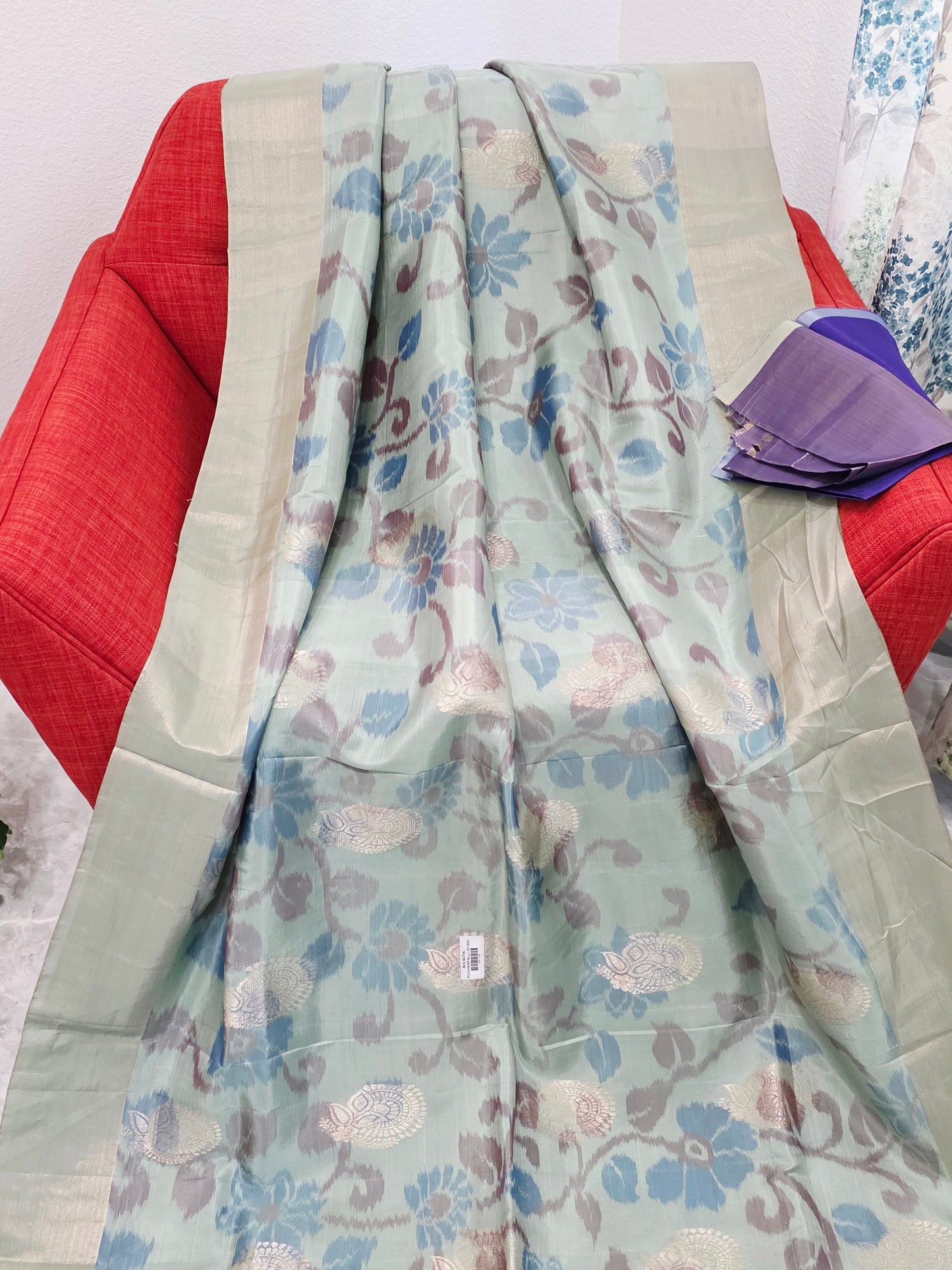 Mint Green Semi Kanchi Soft Silk Pochampally Print Saree with Purple Pallu