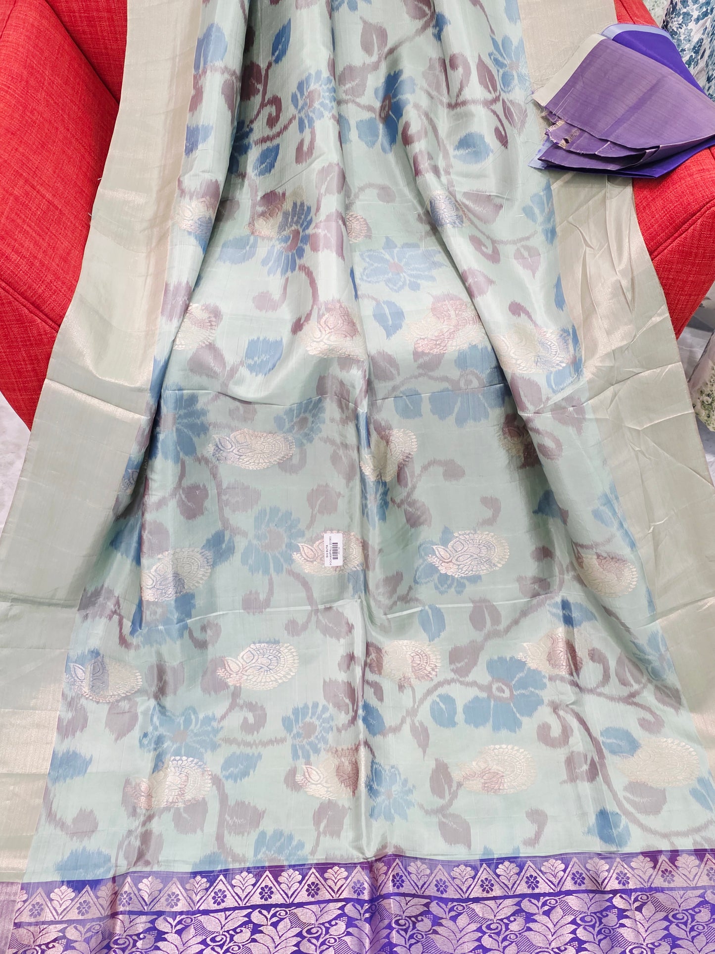 Mint Green Semi Kanchi Soft Silk Pochampally Print Saree with Purple Pallu
