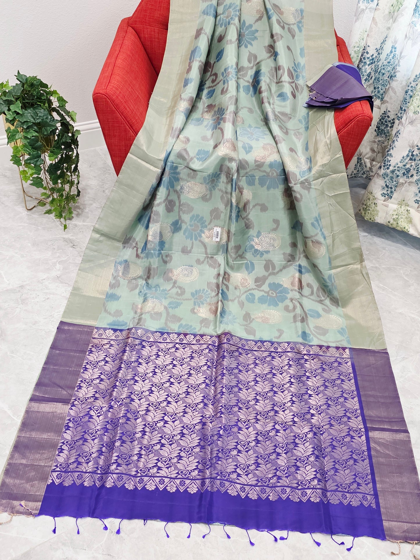Mint Green Semi Kanchi Soft Silk Pochampally Print Saree with Purple Pallu