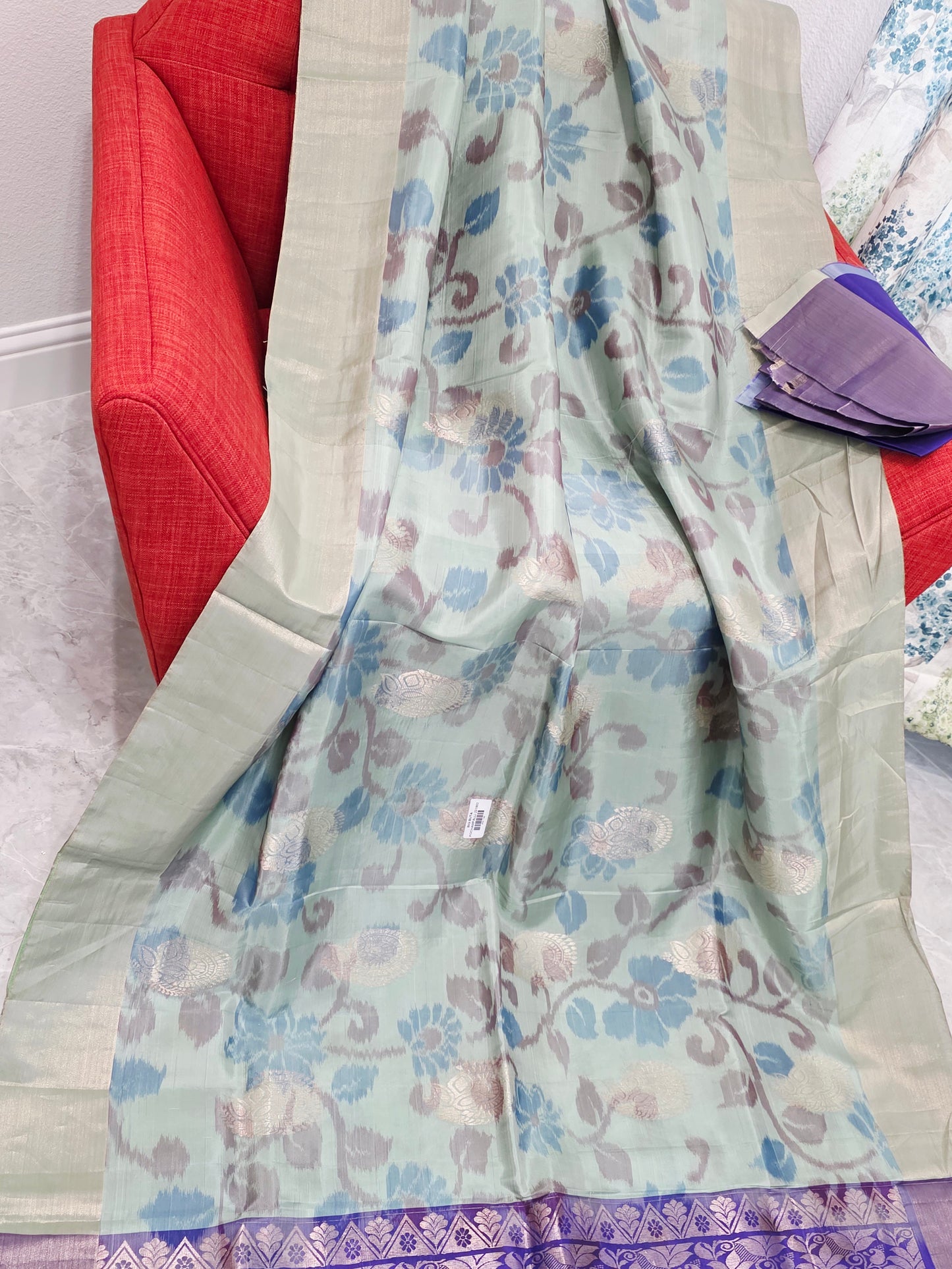 Mint Green Semi Kanchi Soft Silk Pochampally Print Saree with Purple Pallu