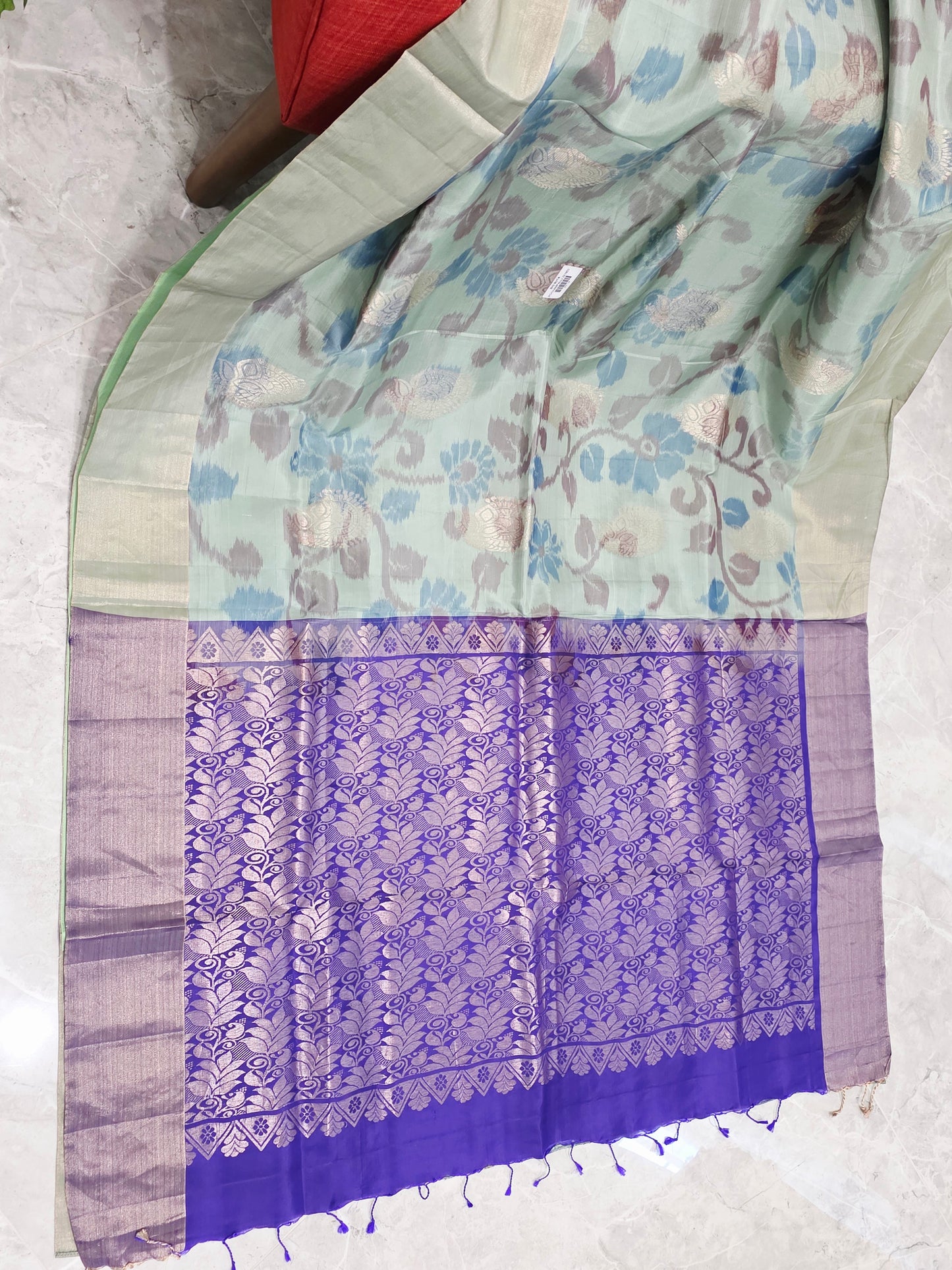 Mint Green Semi Kanchi Soft Silk Pochampally Print Saree with Purple Pallu
