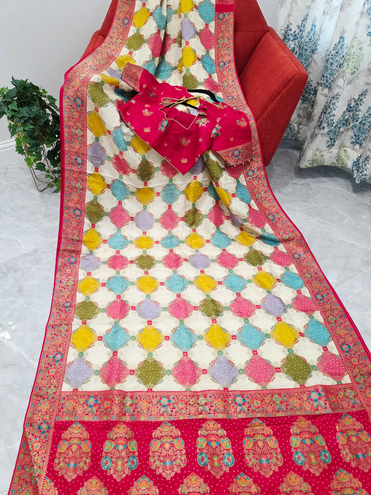 Multicolor Bandhani Print Diamond Pattern Saree with Rich Floral Border & Statement Pallu – Stitched Blouse