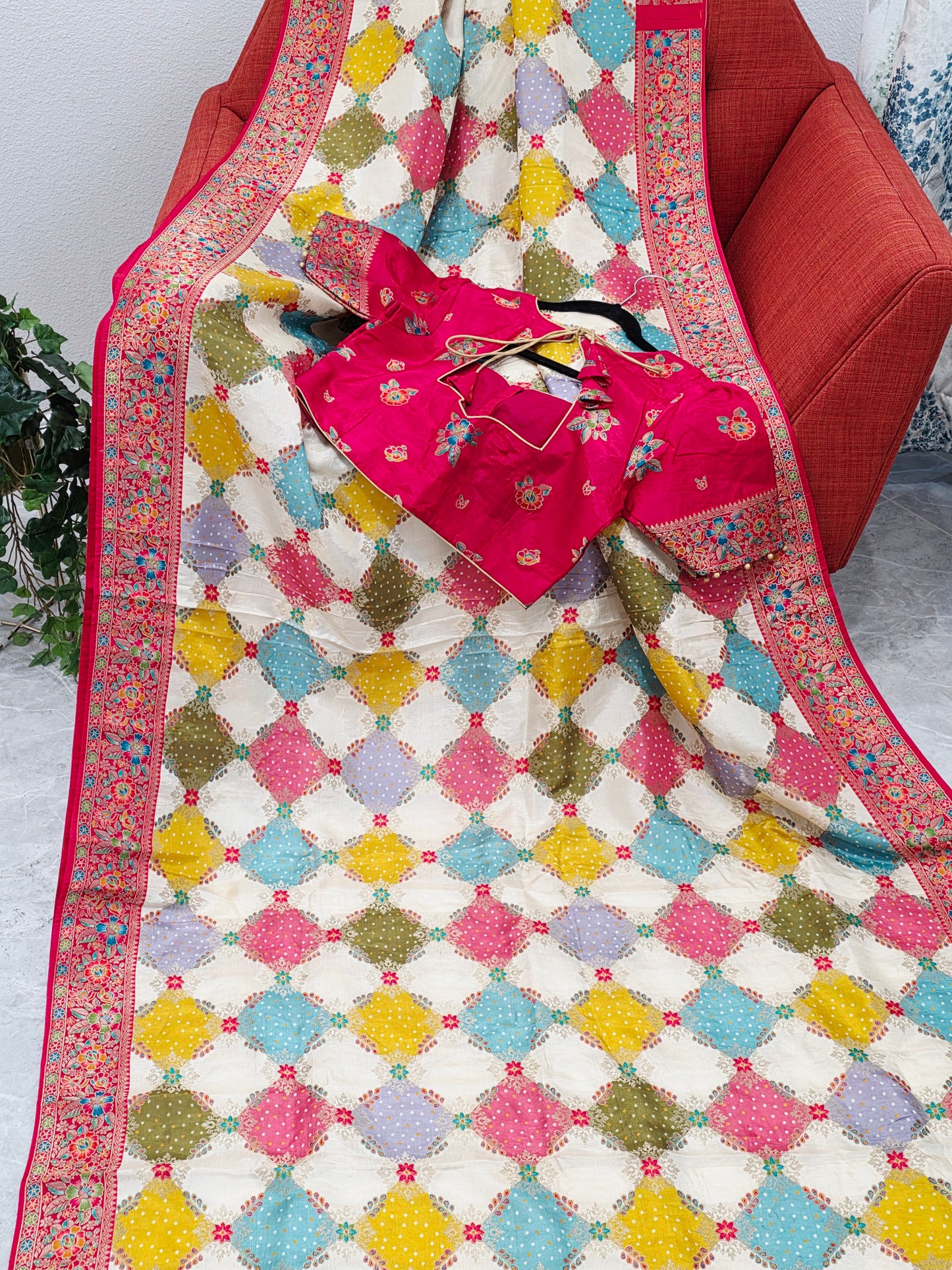 Multicolor Bandhani Print Diamond Pattern Saree with Rich Floral Border & Statement Pallu – Stitched Blouse