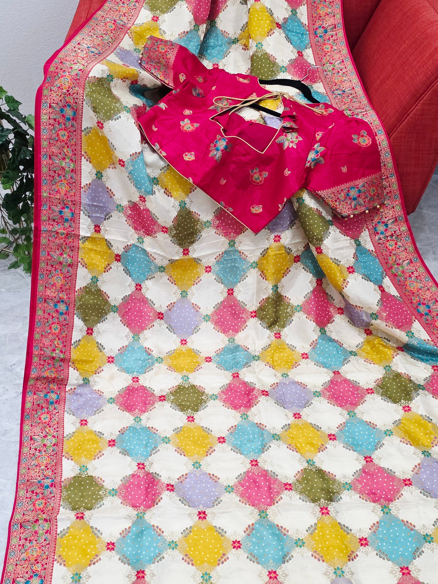 Multicolor Bandhani Print Diamond Pattern Saree with Rich Floral Border & Statement Pallu – Stitched Blouse