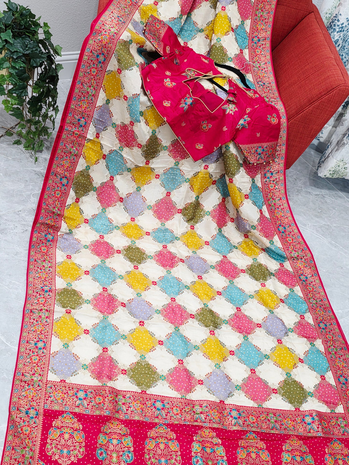 Multicolor Bandhani Print Diamond Pattern Saree with Rich Floral Border & Statement Pallu – Stitched Blouse