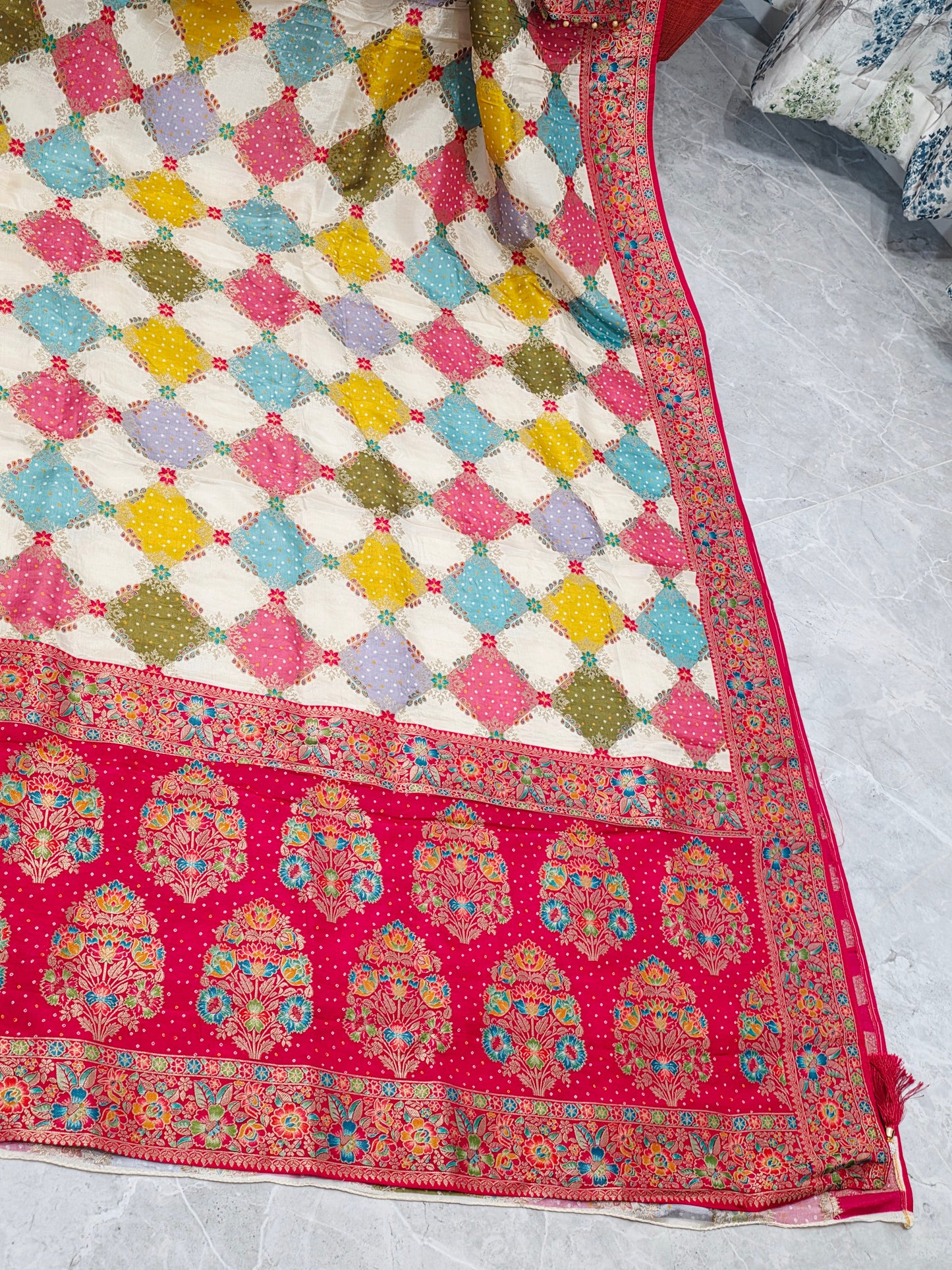 Multicolor Bandhani Print Diamond Pattern Saree with Rich Floral Border & Statement Pallu – Stitched Blouse