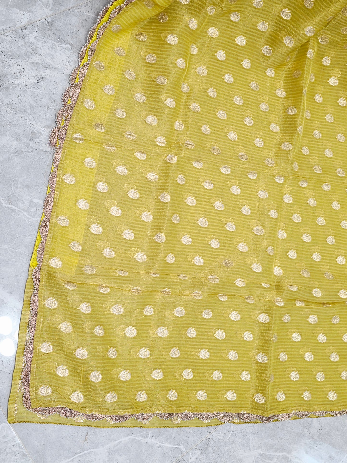 Borderless Olive Yellow Green Khaddi Organza Saree with All-Over Butta & Scalloped Pearl Lace
