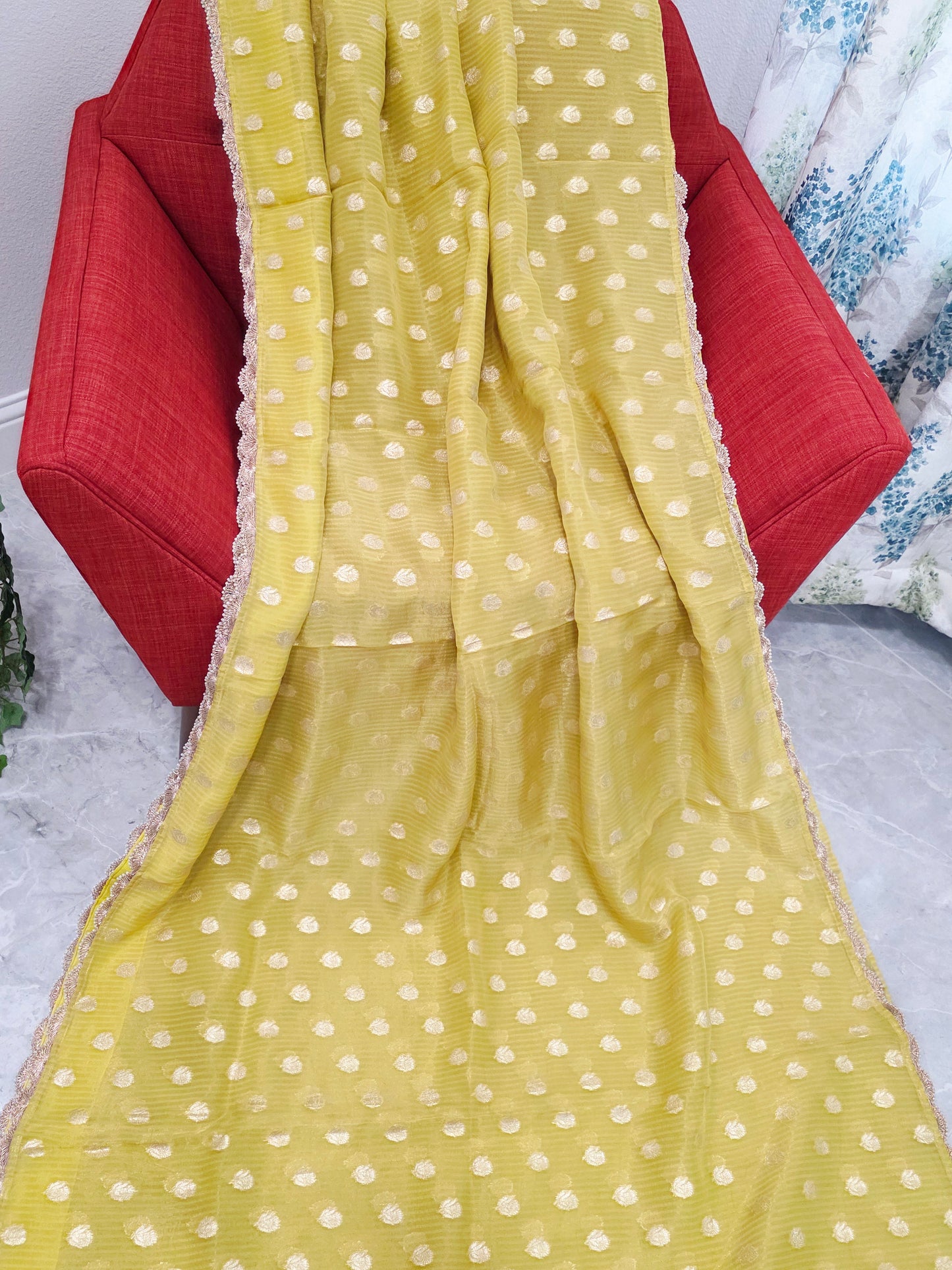 Borderless Olive Yellow Green Khaddi Organza Saree with All-Over Butta & Scalloped Pearl Lace