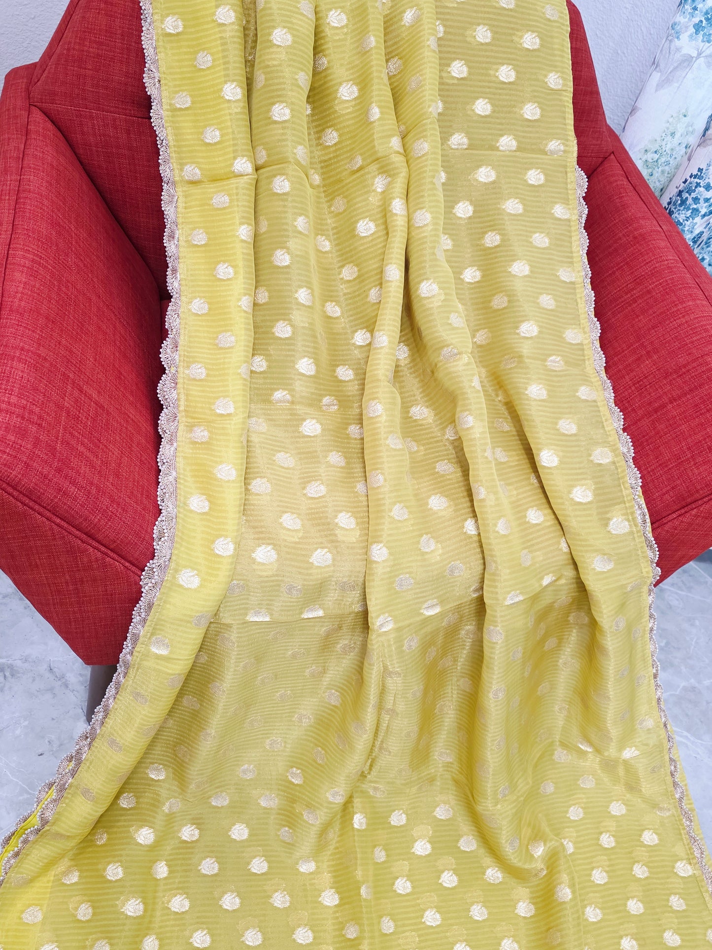 Borderless Olive Yellow Green Khaddi Organza Saree with All-Over Butta & Scalloped Pearl Lace