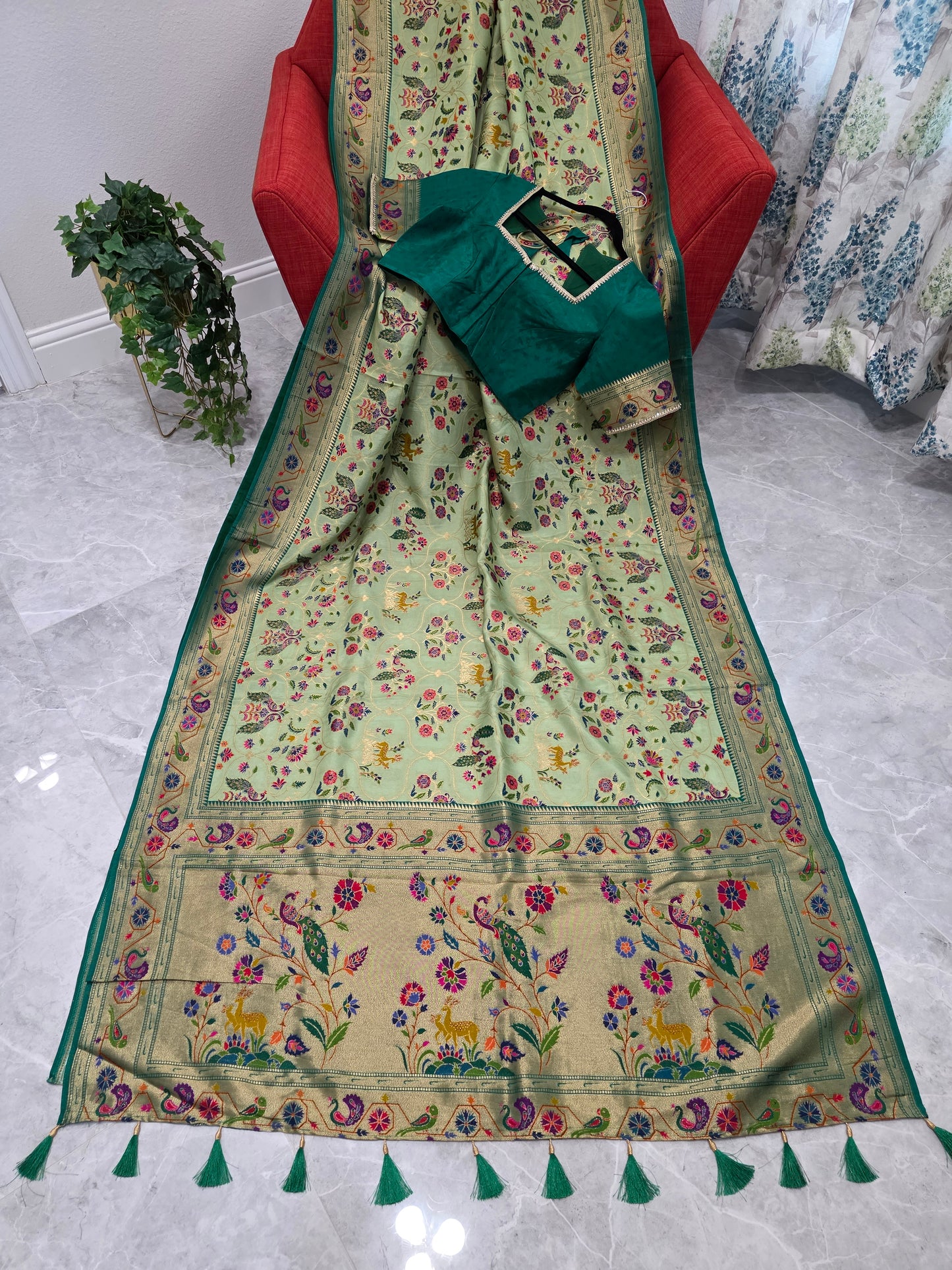 Patola Design Benarasi Soft Silk Saree with Paithani Border & Stitched Blouse