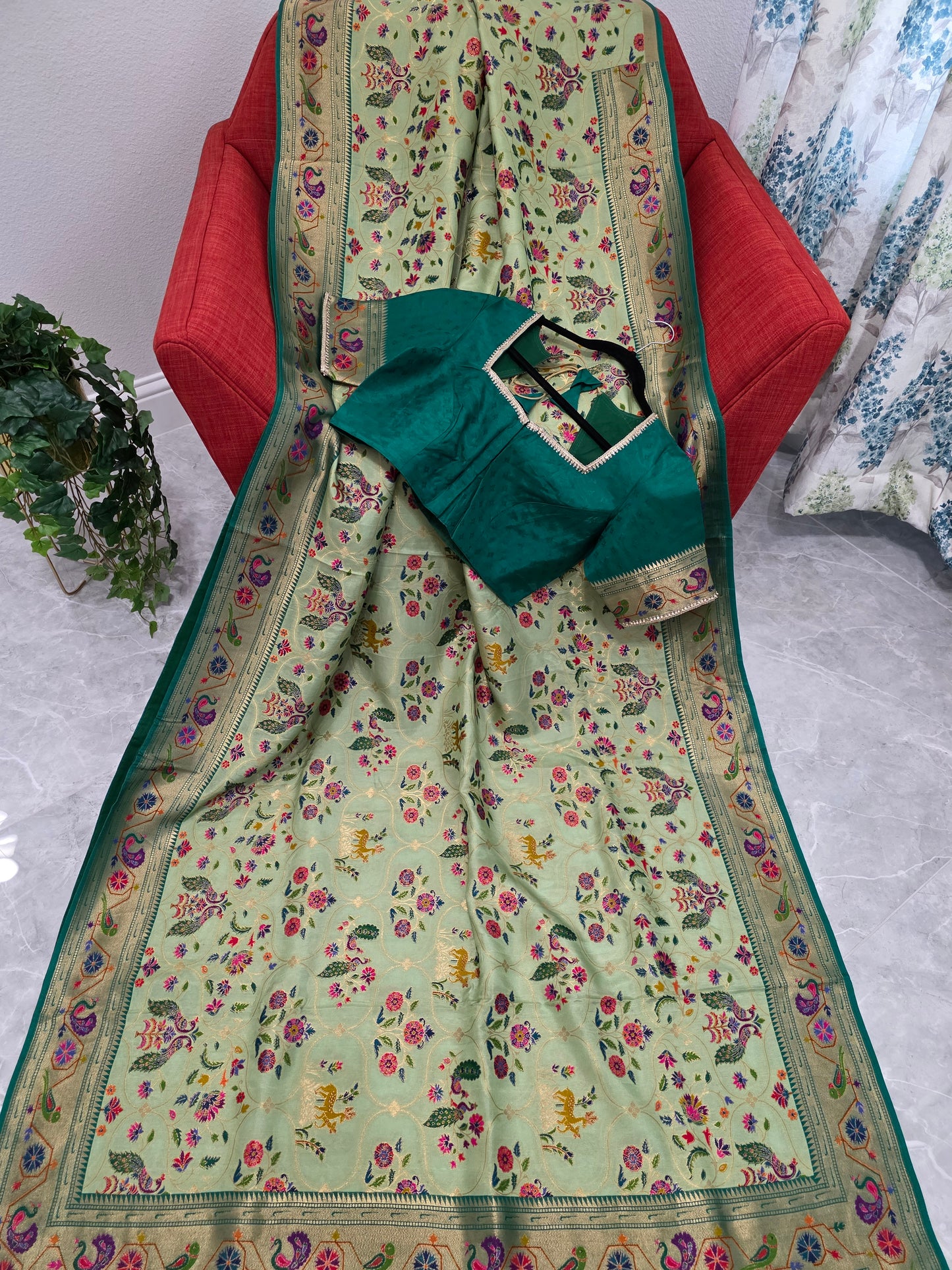 Patola Design Benarasi Soft Silk Saree with Paithani Border & Stitched Blouse
