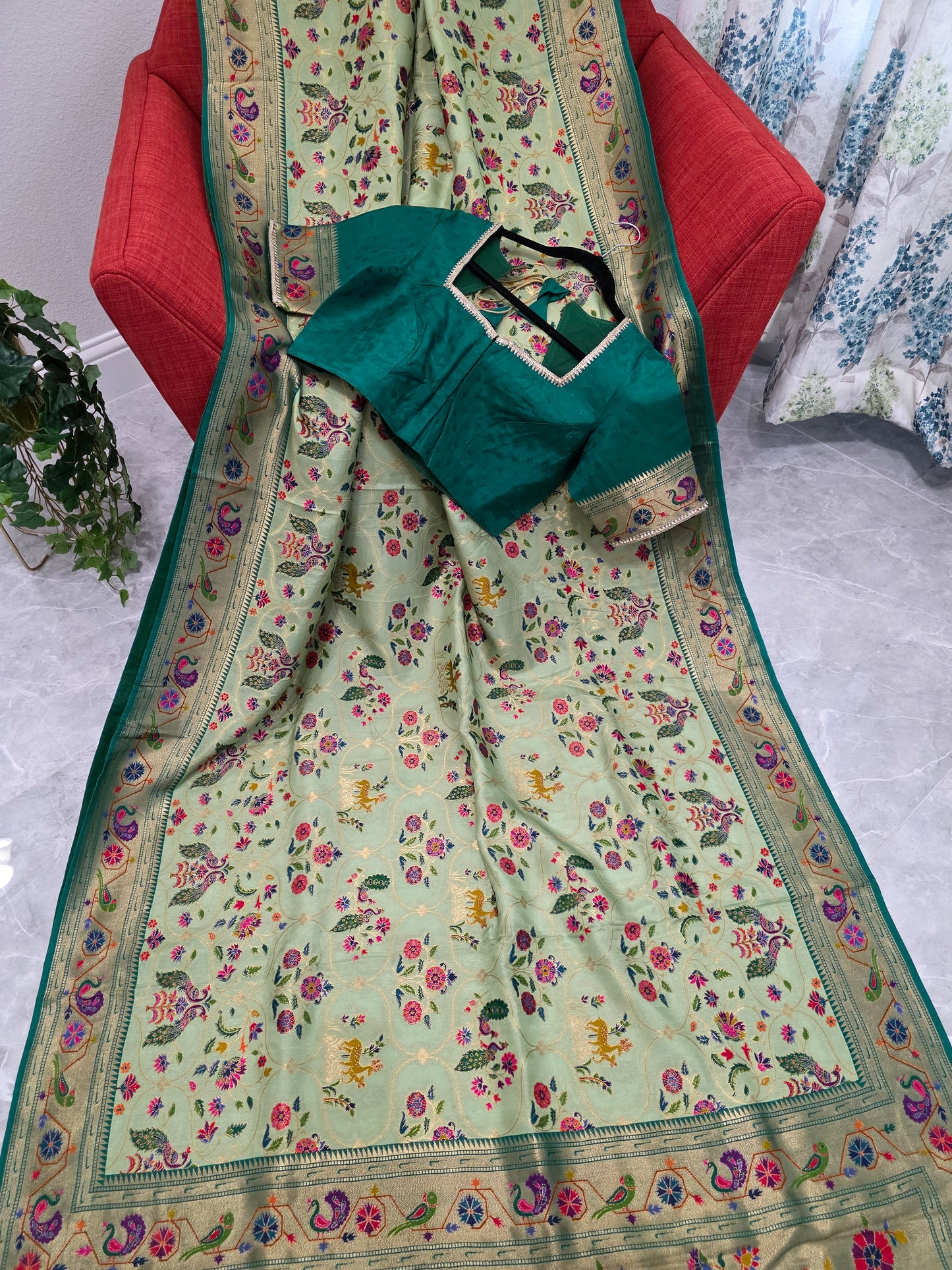 Patola Design Benarasi Soft Silk Saree with Paithani Border & Stitched Blouse