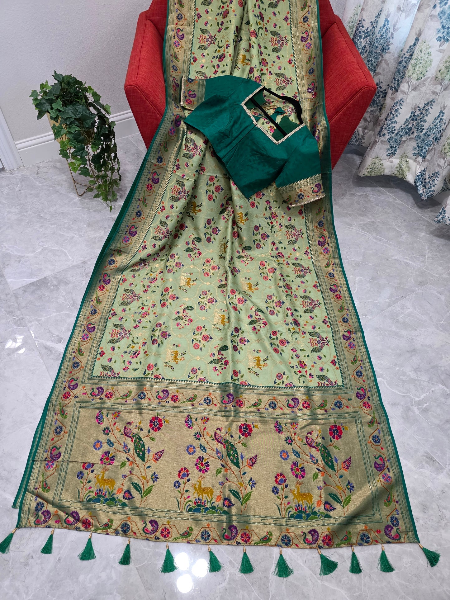 Patola Design Benarasi Soft Silk Saree with Paithani Border & Stitched Blouse