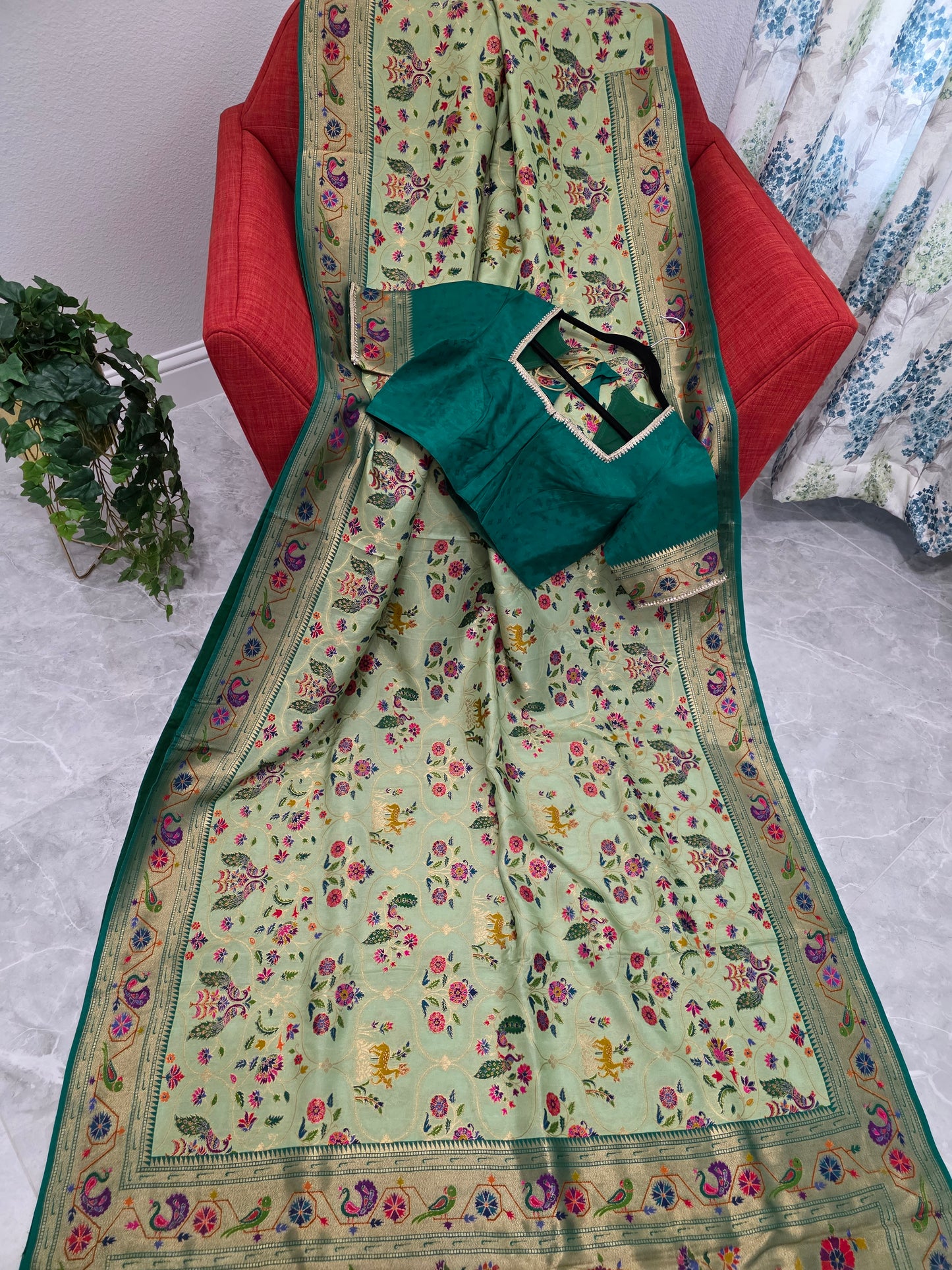 Patola Design Benarasi Soft Silk Saree with Paithani Border & Stitched Blouse