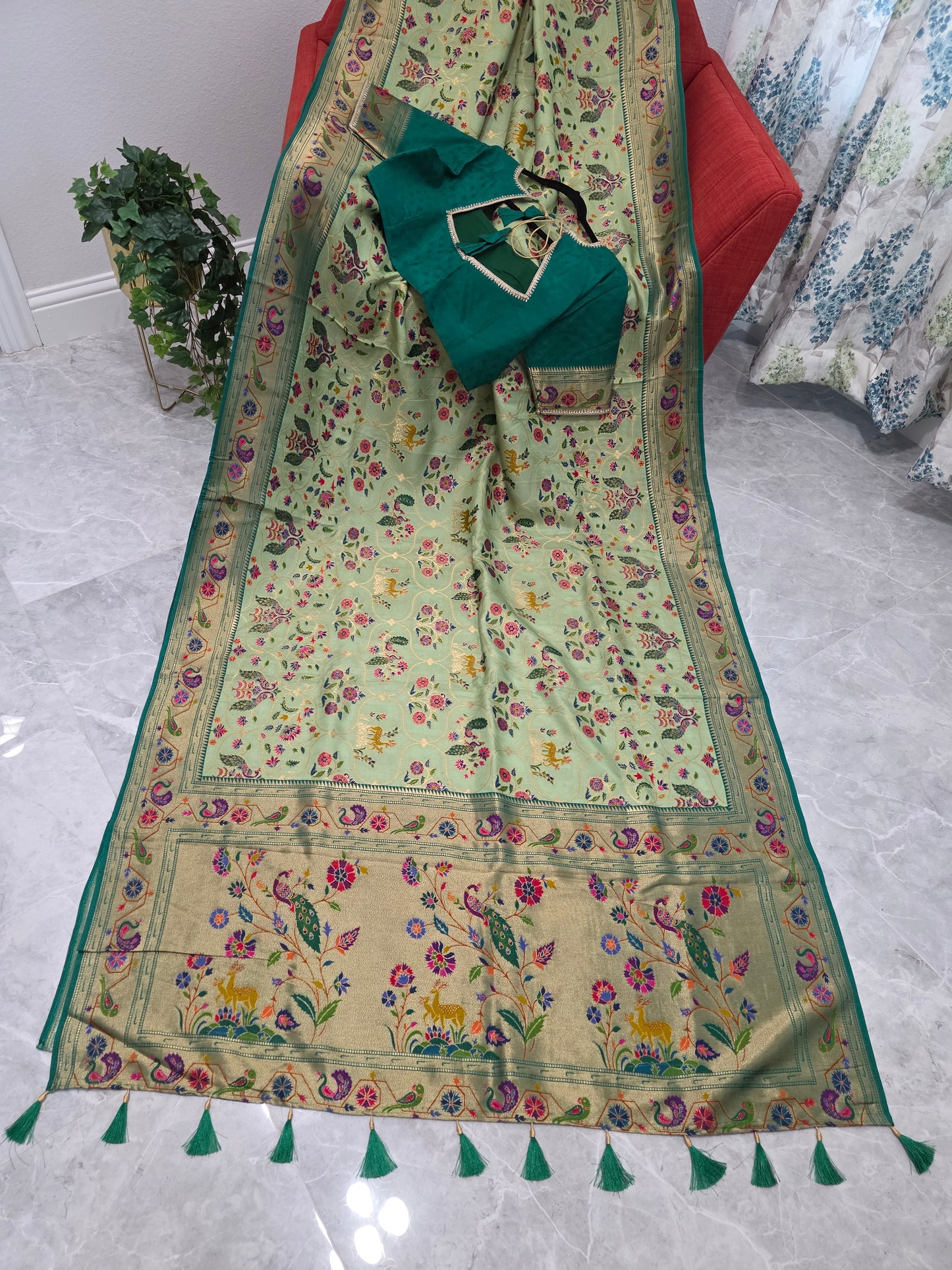 Patola Design Benarasi Soft Silk Saree with Paithani Border & Stitched Blouse