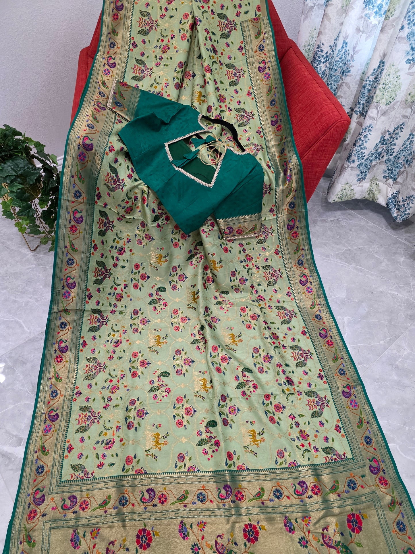 Patola Design Benarasi Soft Silk Saree with Paithani Border & Stitched Blouse
