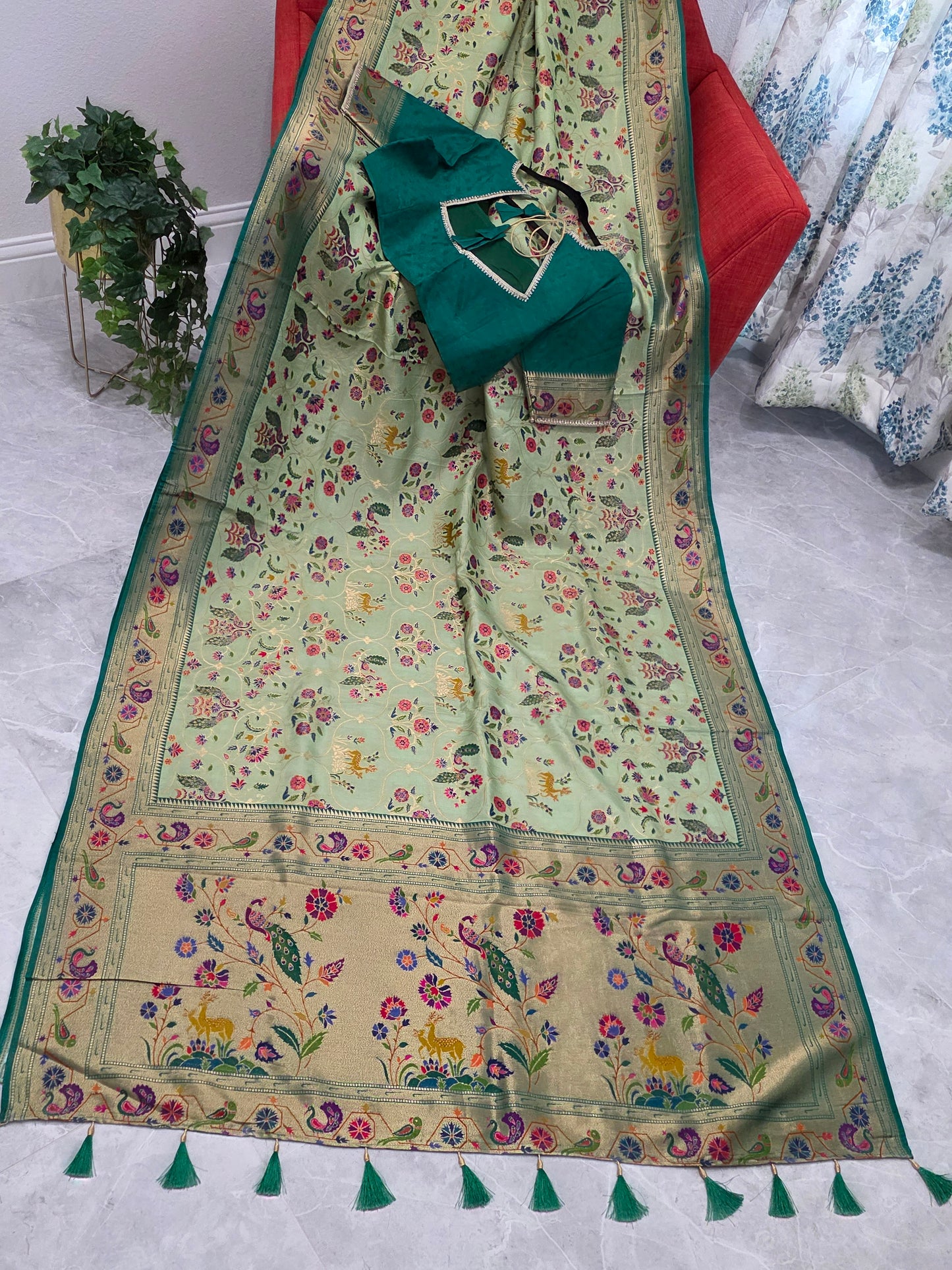 Patola Design Benarasi Soft Silk Saree with Paithani Border & Stitched Blouse
