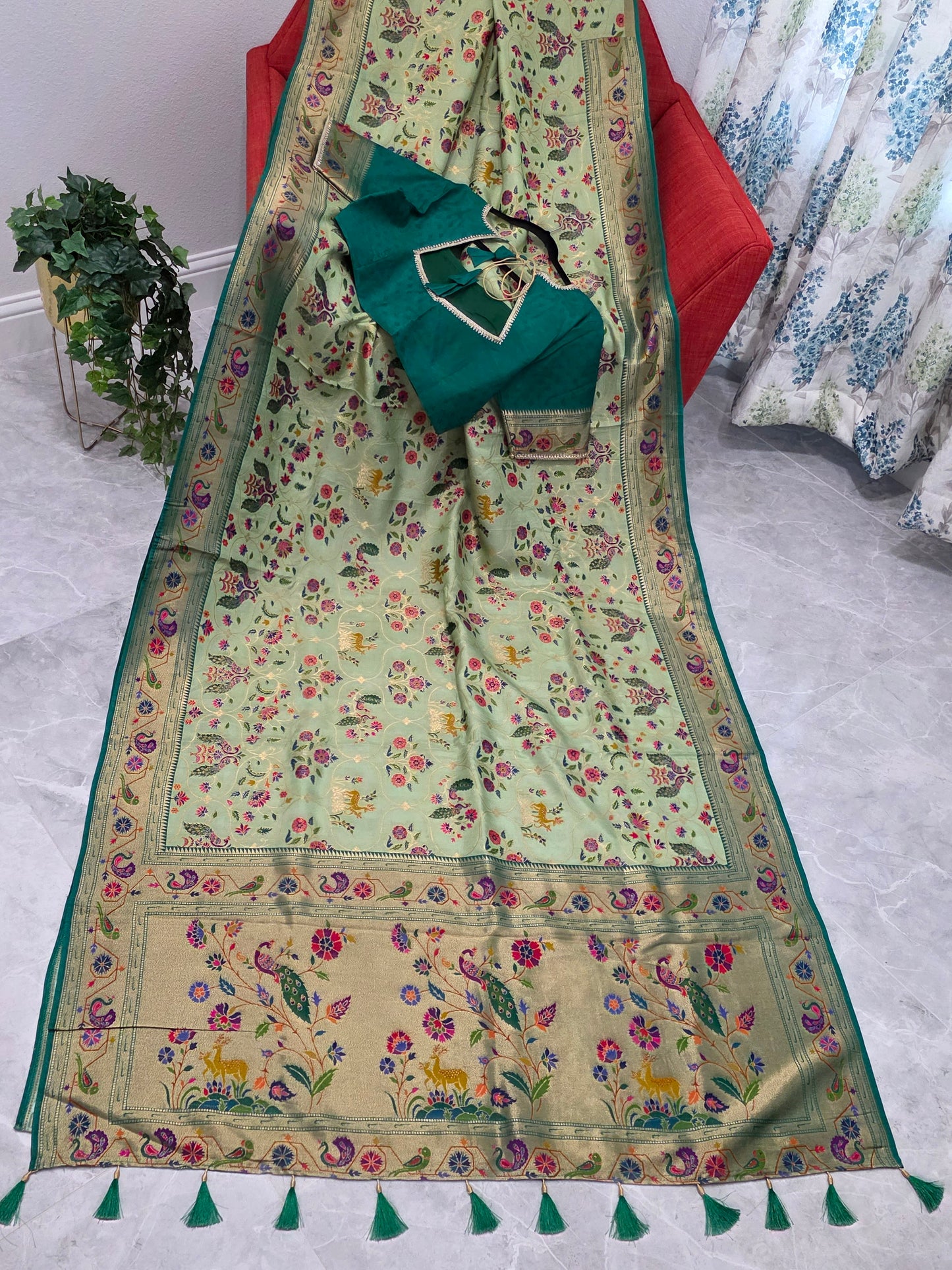 Patola Design Benarasi Soft Silk Saree with Paithani Border & Stitched Blouse