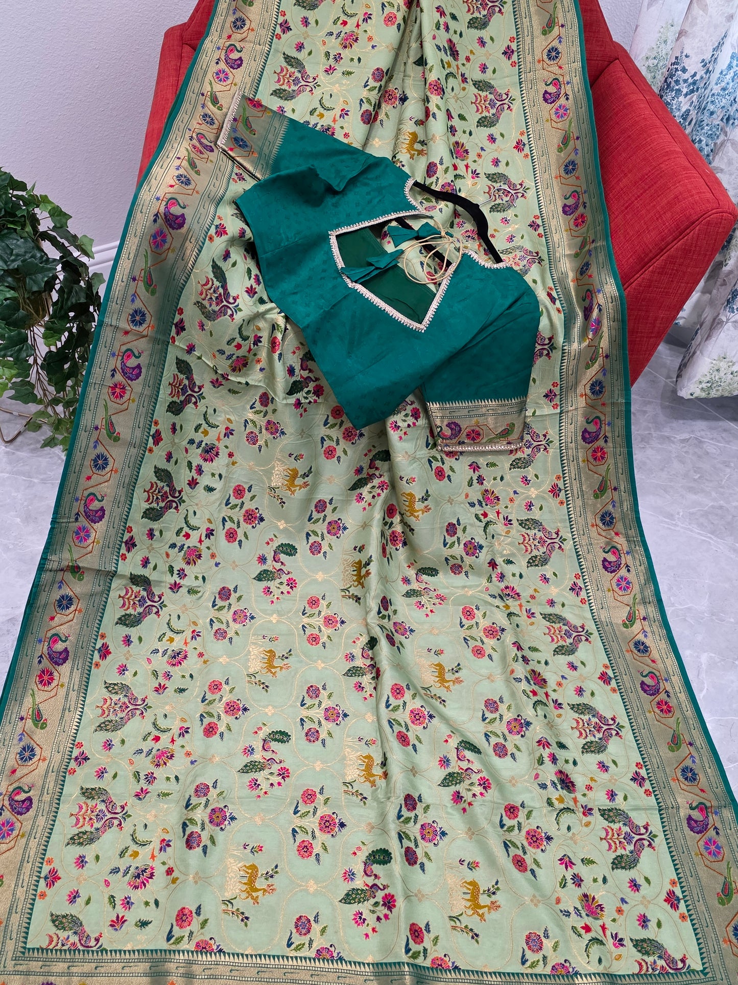 Patola Design Benarasi Soft Silk Saree with Paithani Border & Stitched Blouse