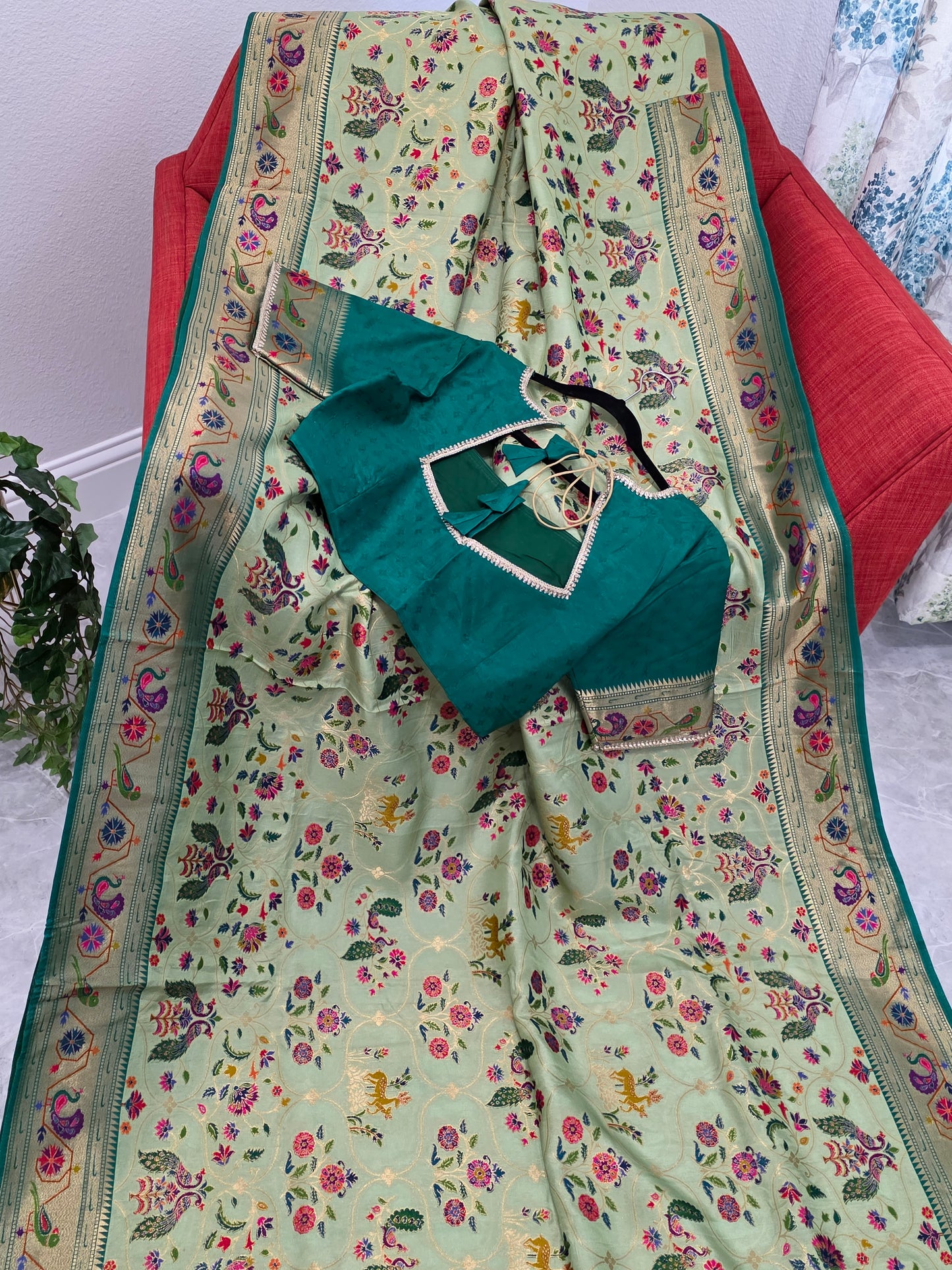 Patola Design Benarasi Soft Silk Saree with Paithani Border & Stitched Blouse