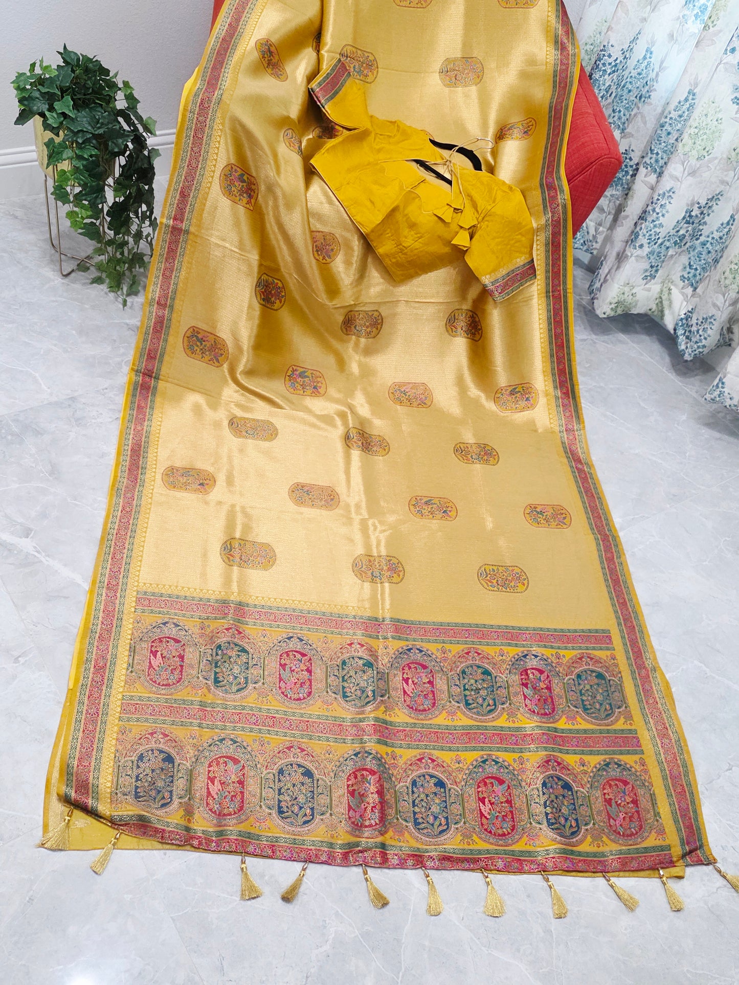 Mustard Yellow Designer Benarasi Soft Tissue Saree with Multicolor Woven Border & Stitched Blouse