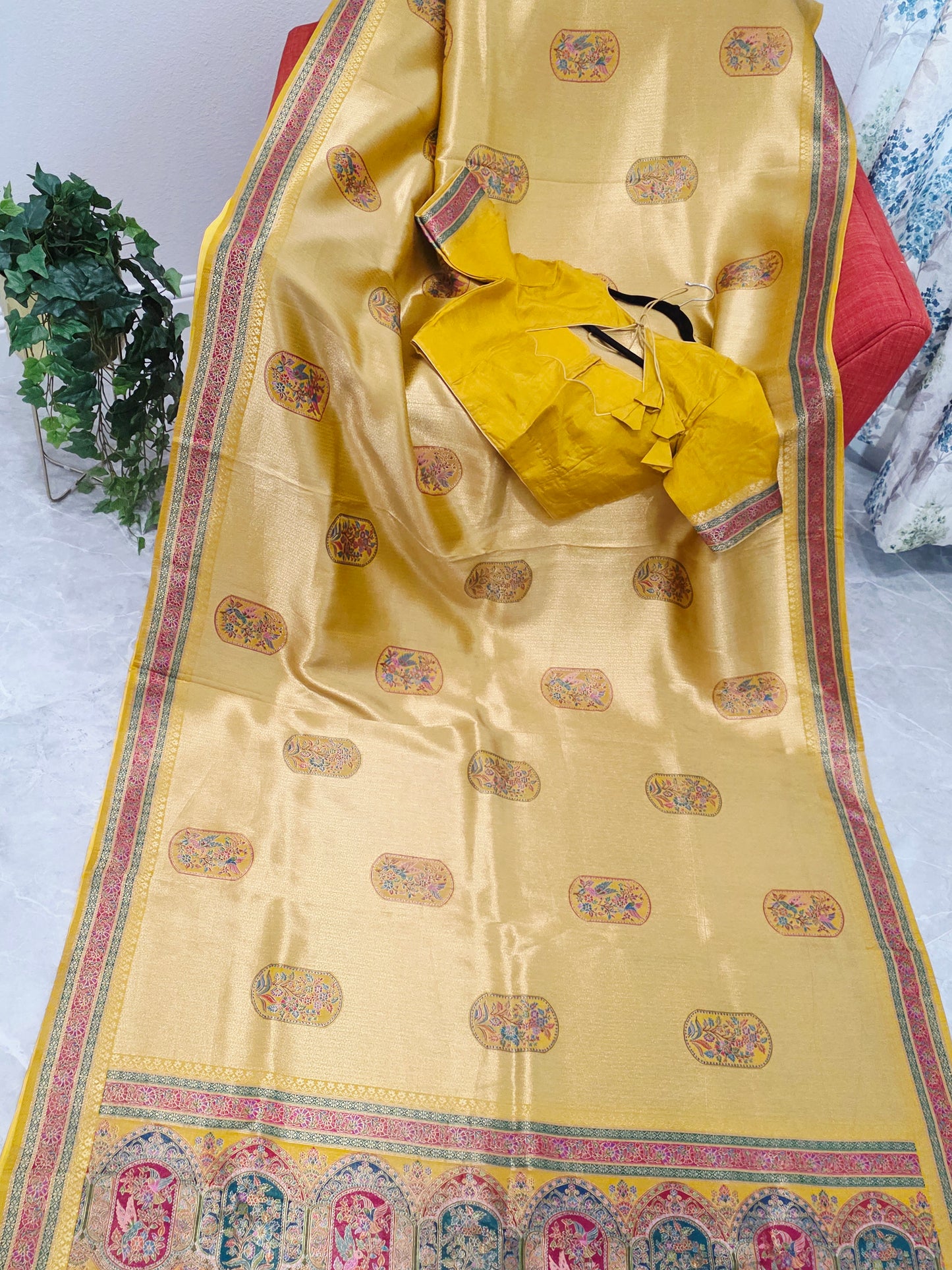 Mustard Yellow Designer Benarasi Soft Tissue Saree with Multicolor Woven Border & Stitched Blouse
