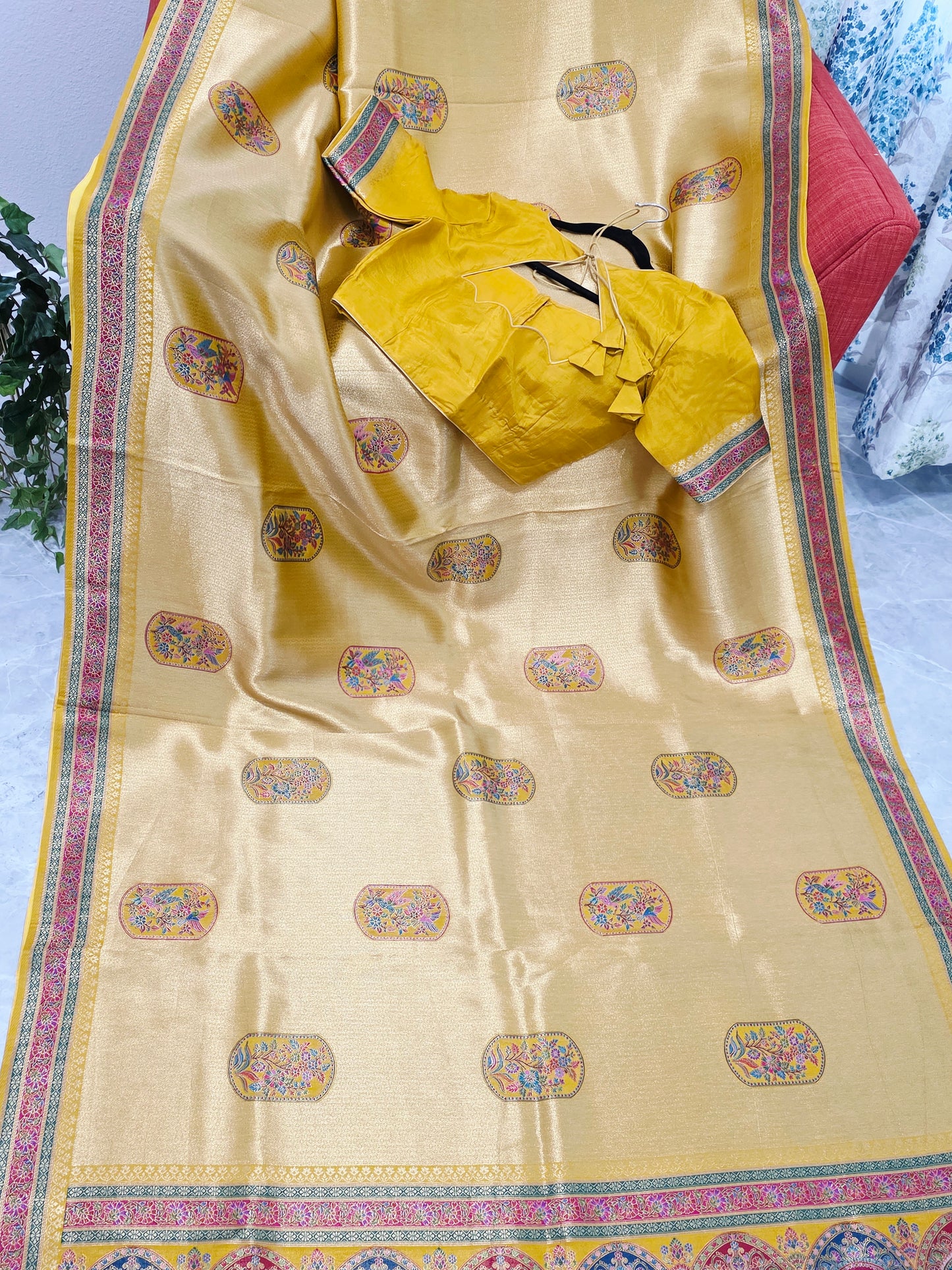 Mustard Yellow Designer Benarasi Soft Tissue Saree with Multicolor Woven Border & Stitched Blouse