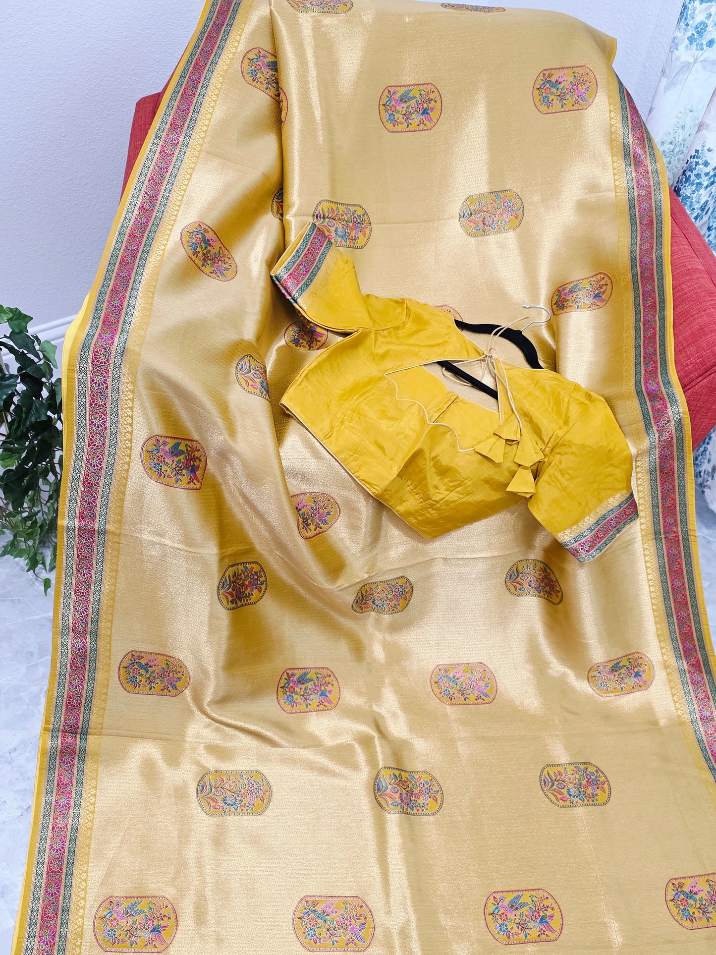 Mustard Yellow Designer Benarasi Soft Tissue Saree with Multicolor Woven Border & Stitched Blouse
