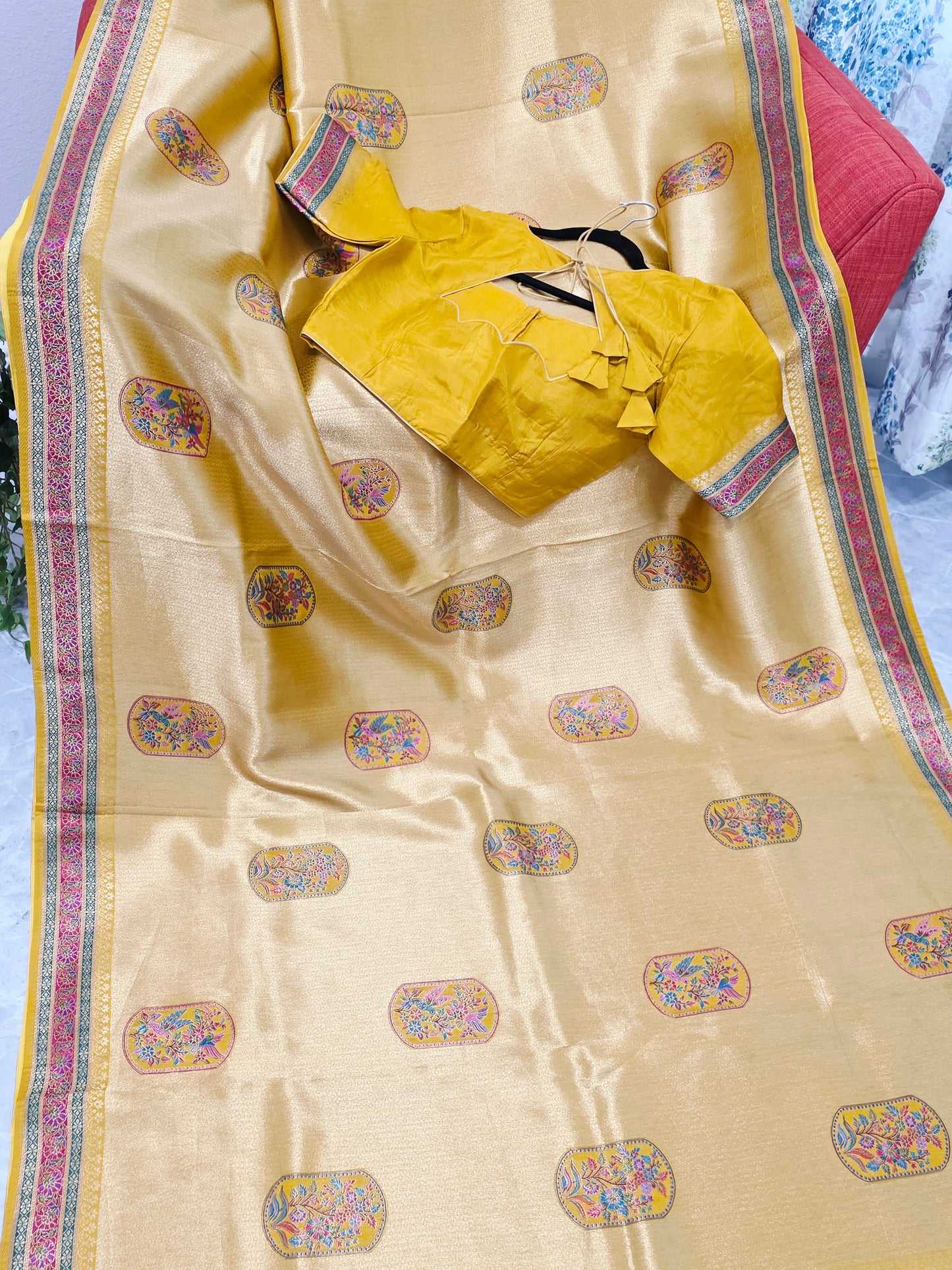 Mustard Yellow Designer Benarasi Soft Tissue Saree with Multicolor Woven Border & Stitched Blouse