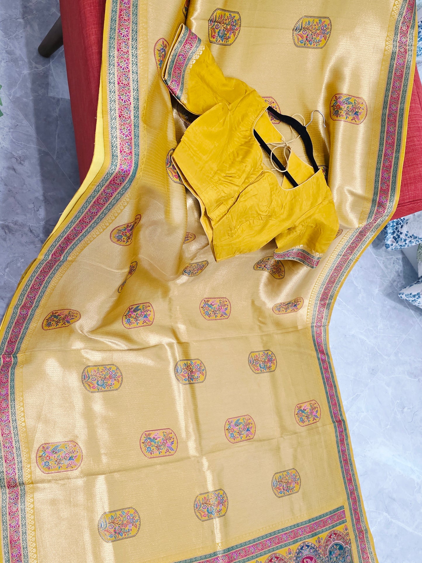 Mustard Yellow Designer Benarasi Soft Tissue Saree with Multicolor Woven Border & Stitched Blouse