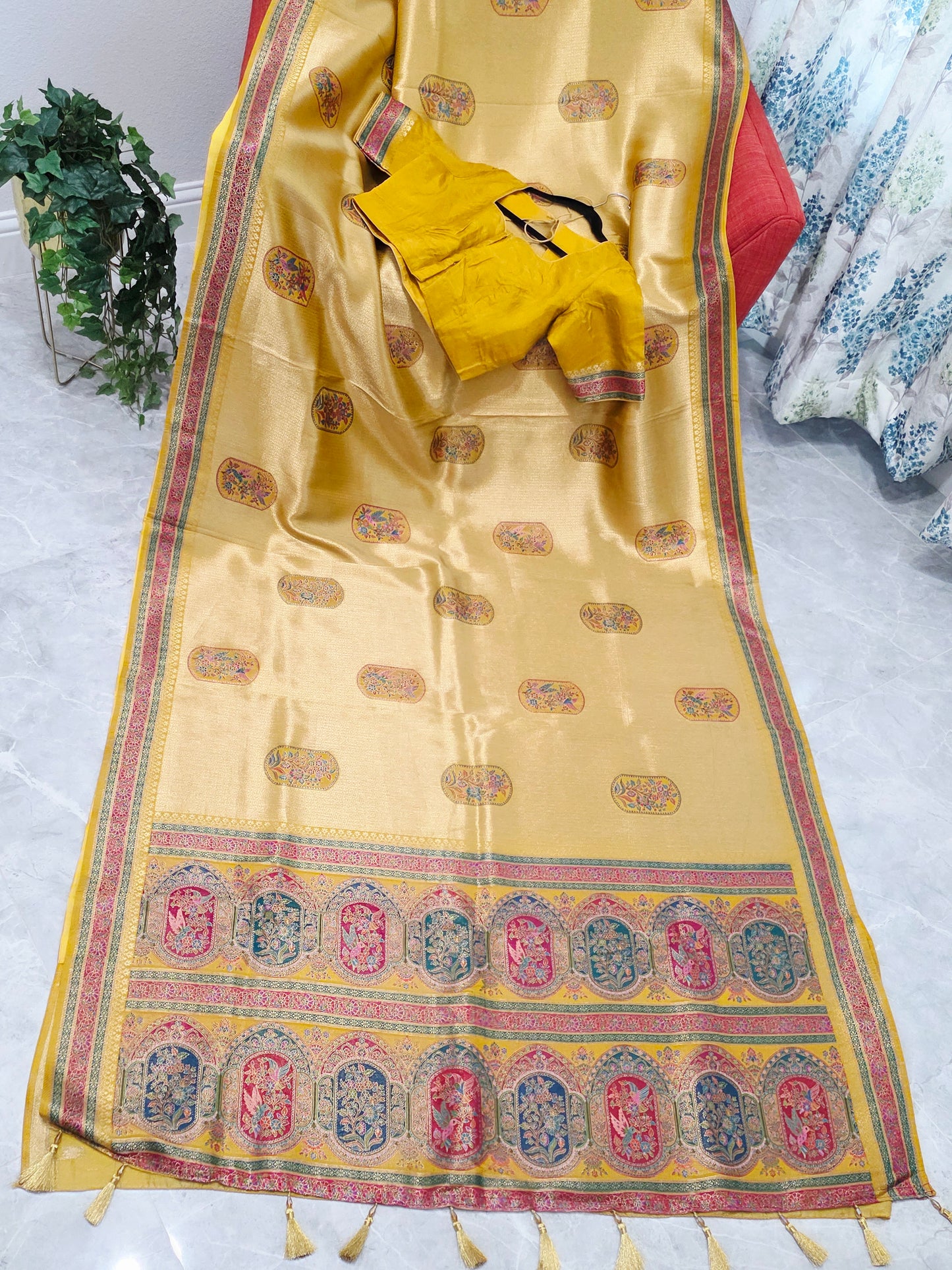 Mustard Yellow Designer Benarasi Soft Tissue Saree with Multicolor Woven Border & Stitched Blouse