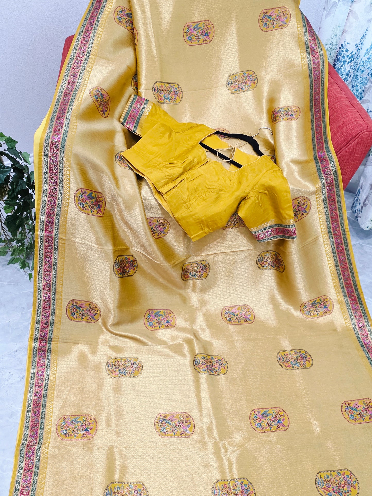 Mustard Yellow Designer Benarasi Soft Tissue Saree with Multicolor Woven Border & Stitched Blouse