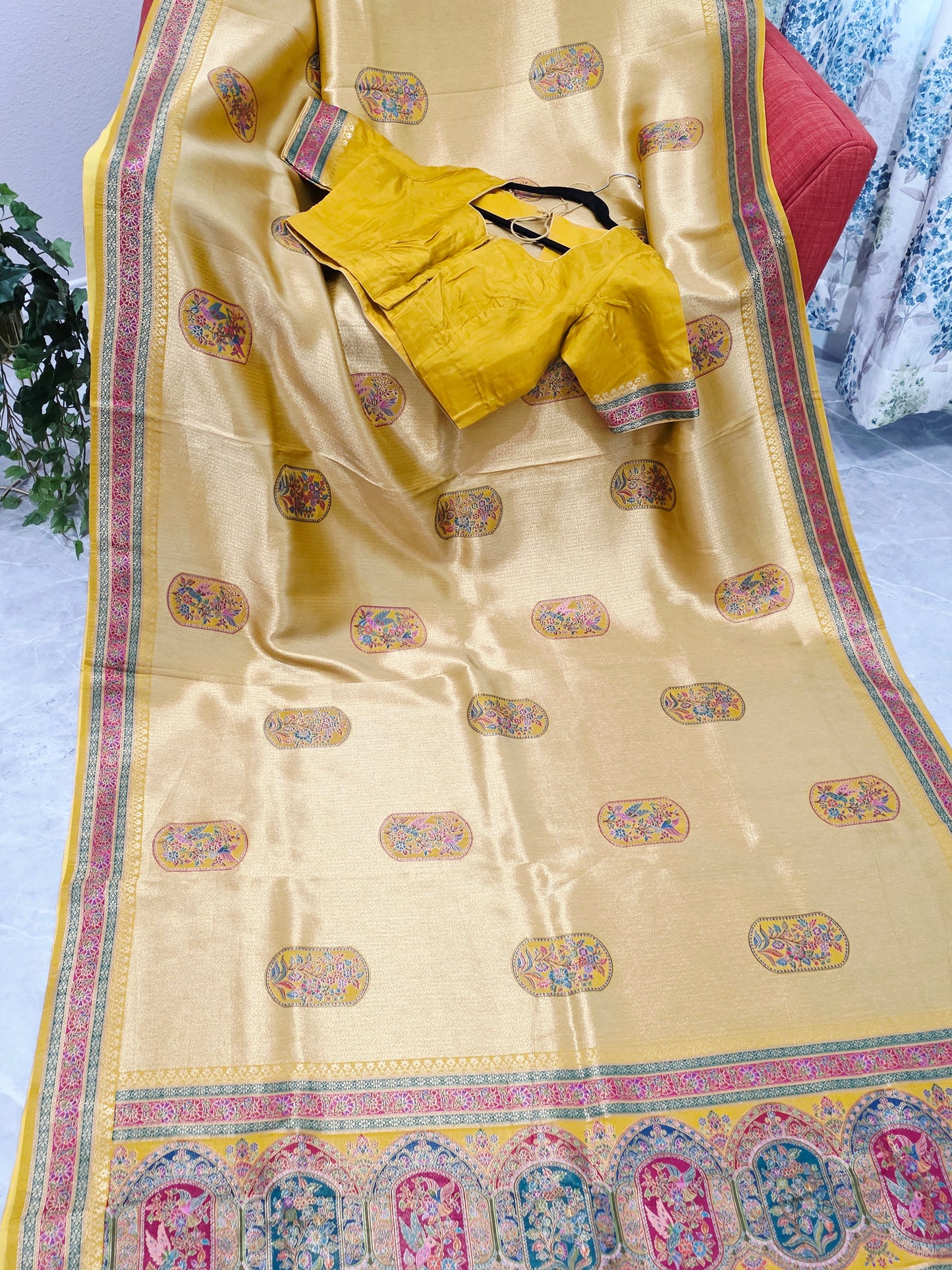 Mustard Yellow Designer Benarasi Soft Tissue Saree with Multicolor Woven Border & Stitched Blouse