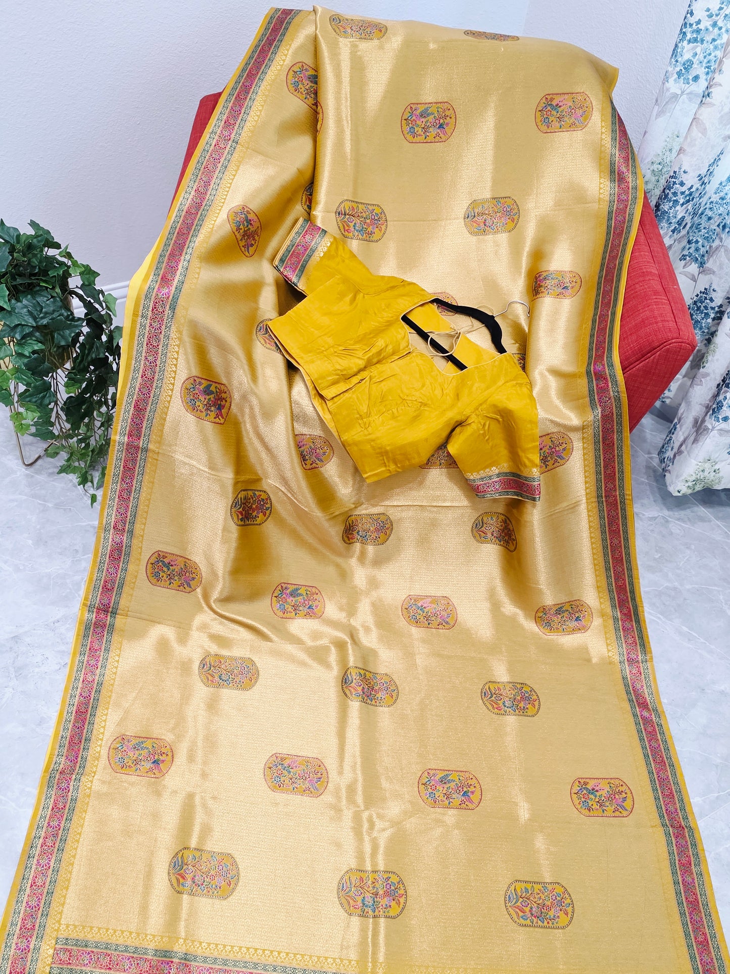 Mustard Yellow Designer Benarasi Soft Tissue Saree with Multicolor Woven Border & Stitched Blouse