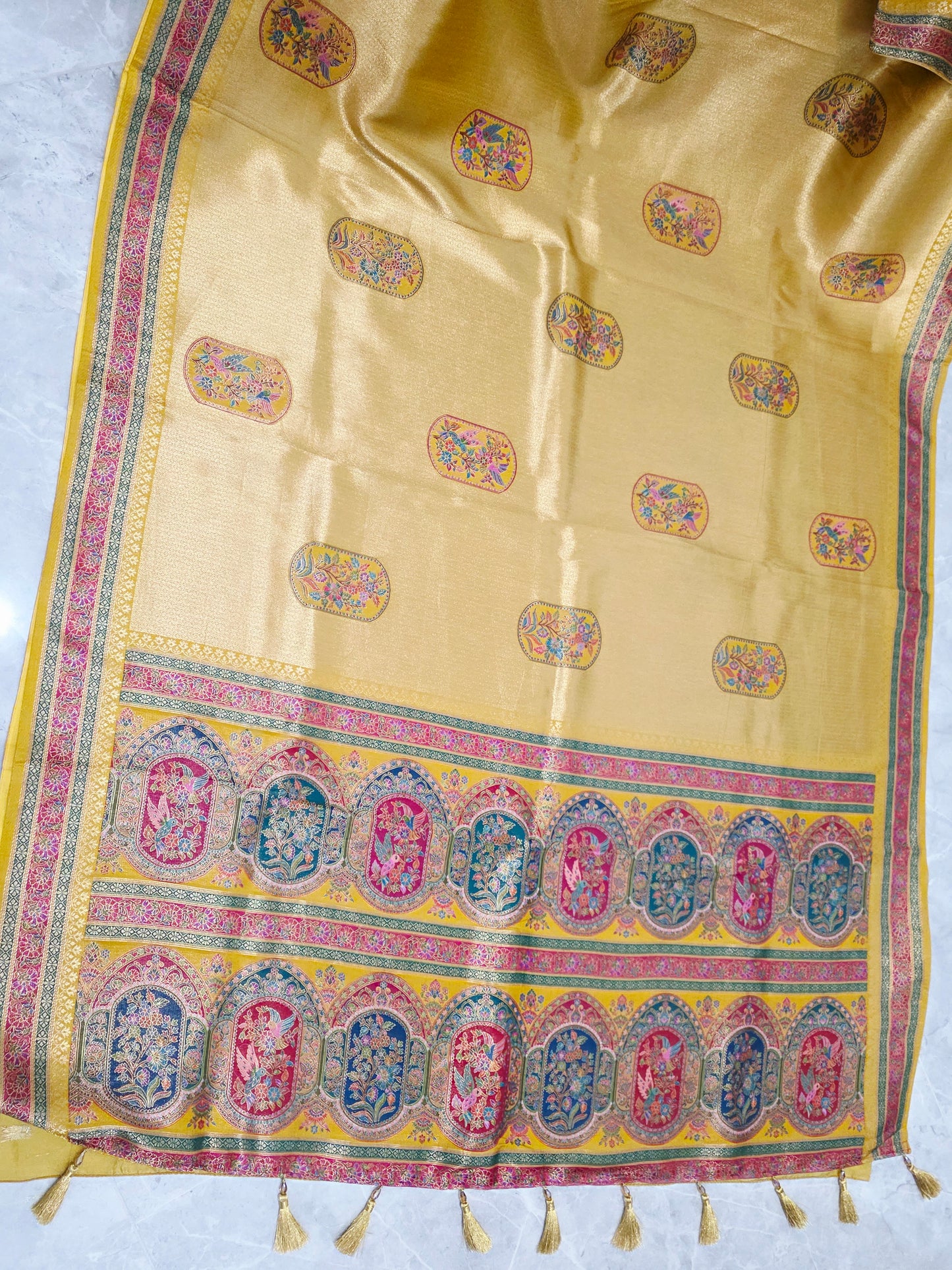 Mustard Yellow Designer Benarasi Soft Tissue Saree with Multicolor Woven Border & Stitched Blouse