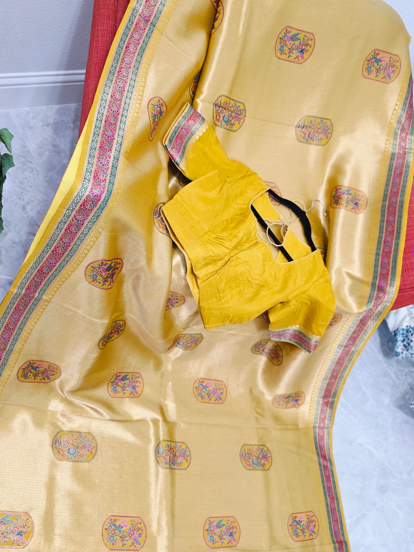 Mustard Yellow Designer Benarasi Soft Tissue Saree with Multicolor Woven Border & Stitched Blouse
