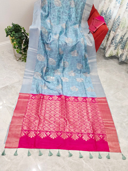 Sky Blue Semi Kanchi Soft Silk Pochampally Print Saree