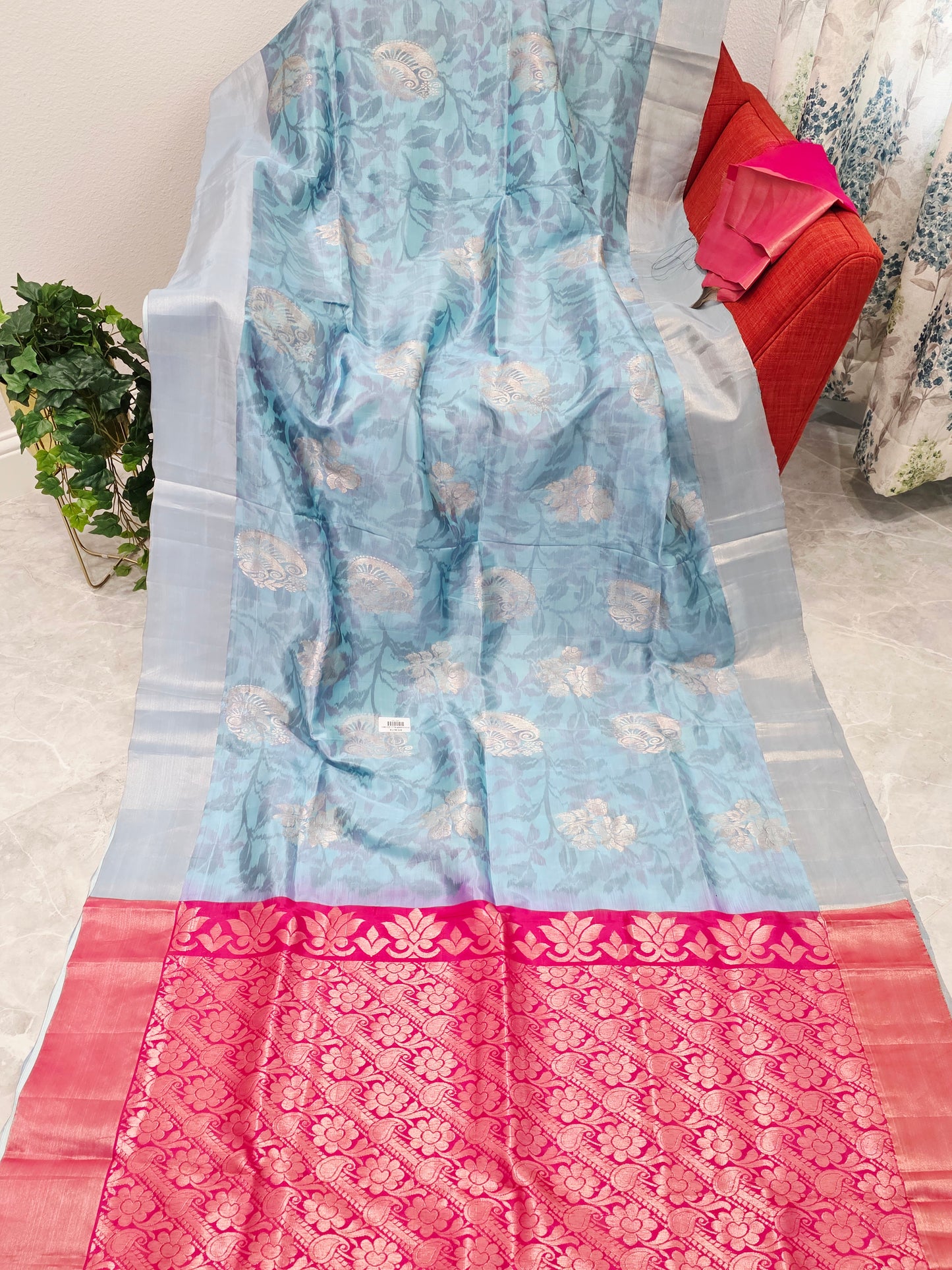 Sky Blue Semi Kanchi Soft Silk Pochampally Print Saree