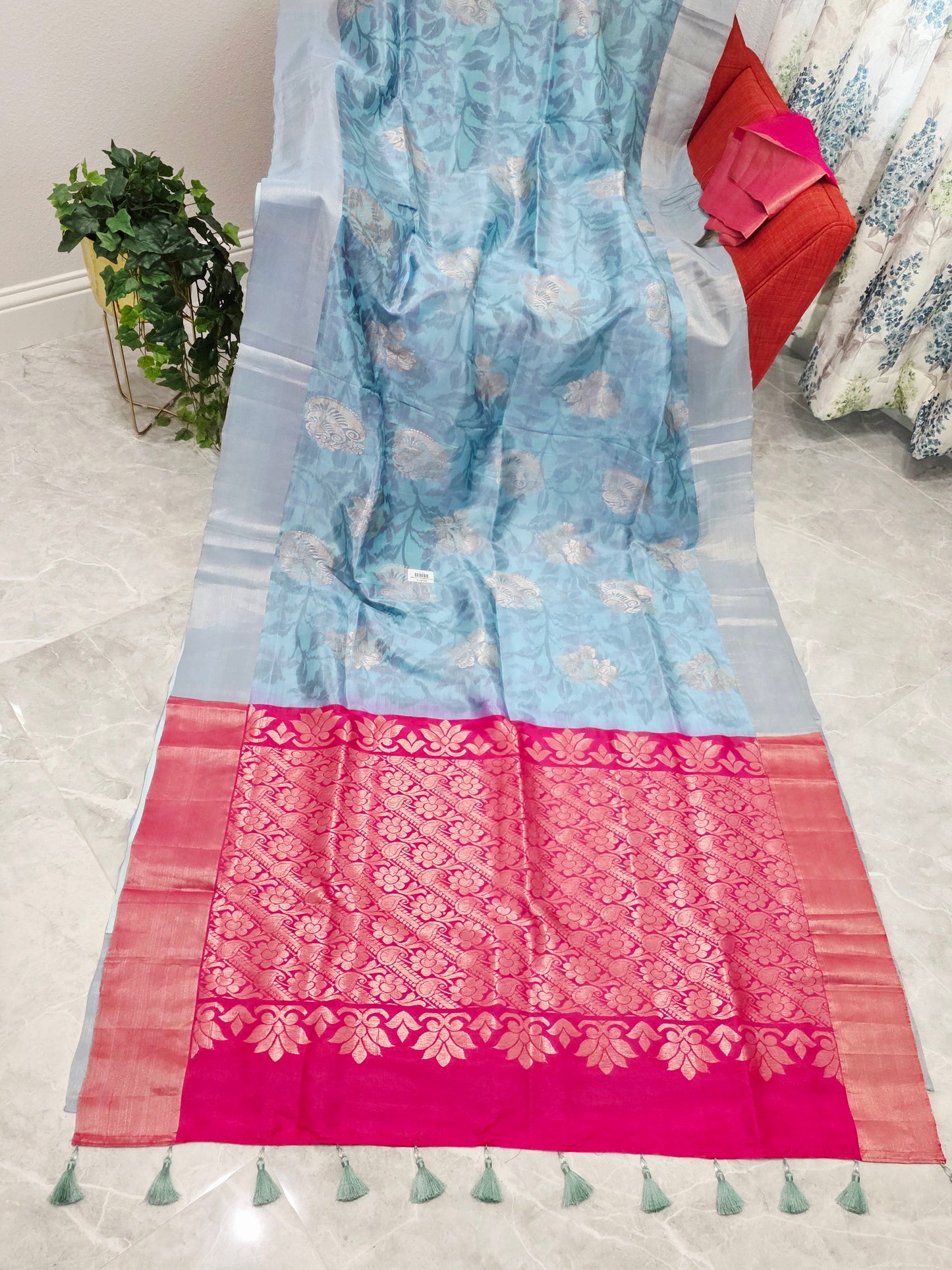 Sky Blue Semi Kanchi Soft Silk Pochampally Print Saree