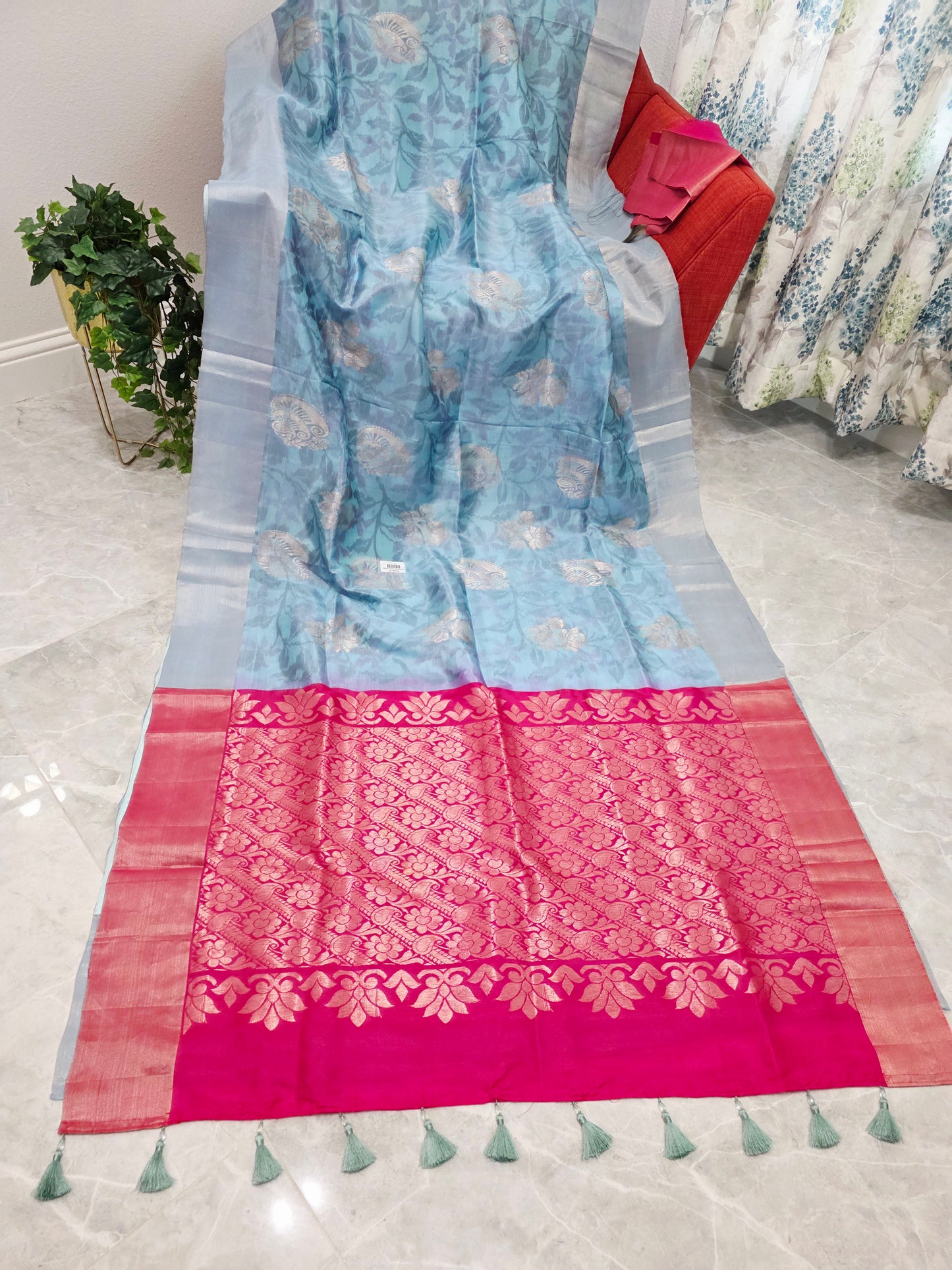 Sky Blue Semi Kanchi Soft Silk Pochampally Print Saree