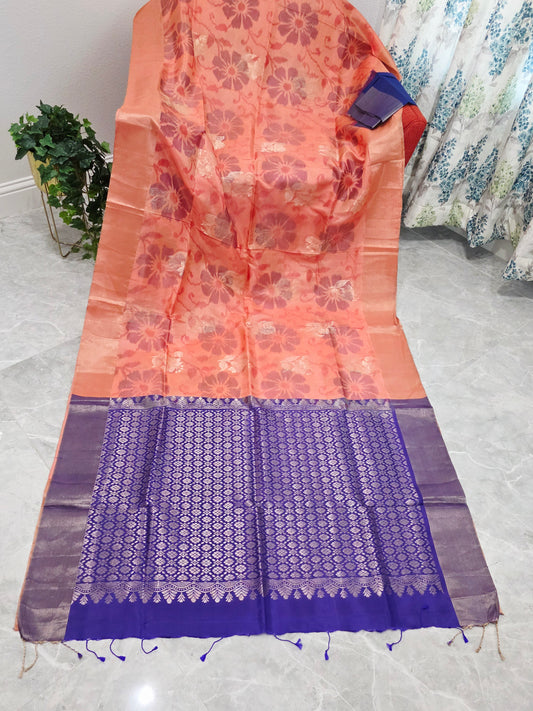 Peach Semi Kanchi Soft Silk Pochampally Print Saree