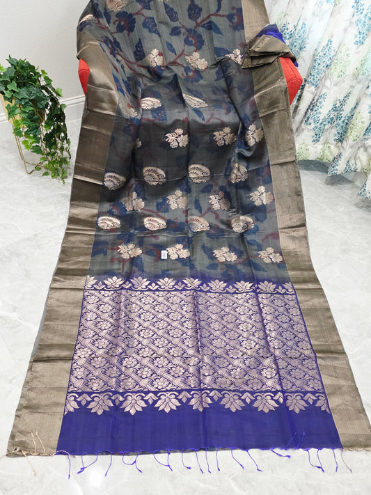 Charcoal Blue Semi Kanchi Soft Silk Pochampally Print Saree