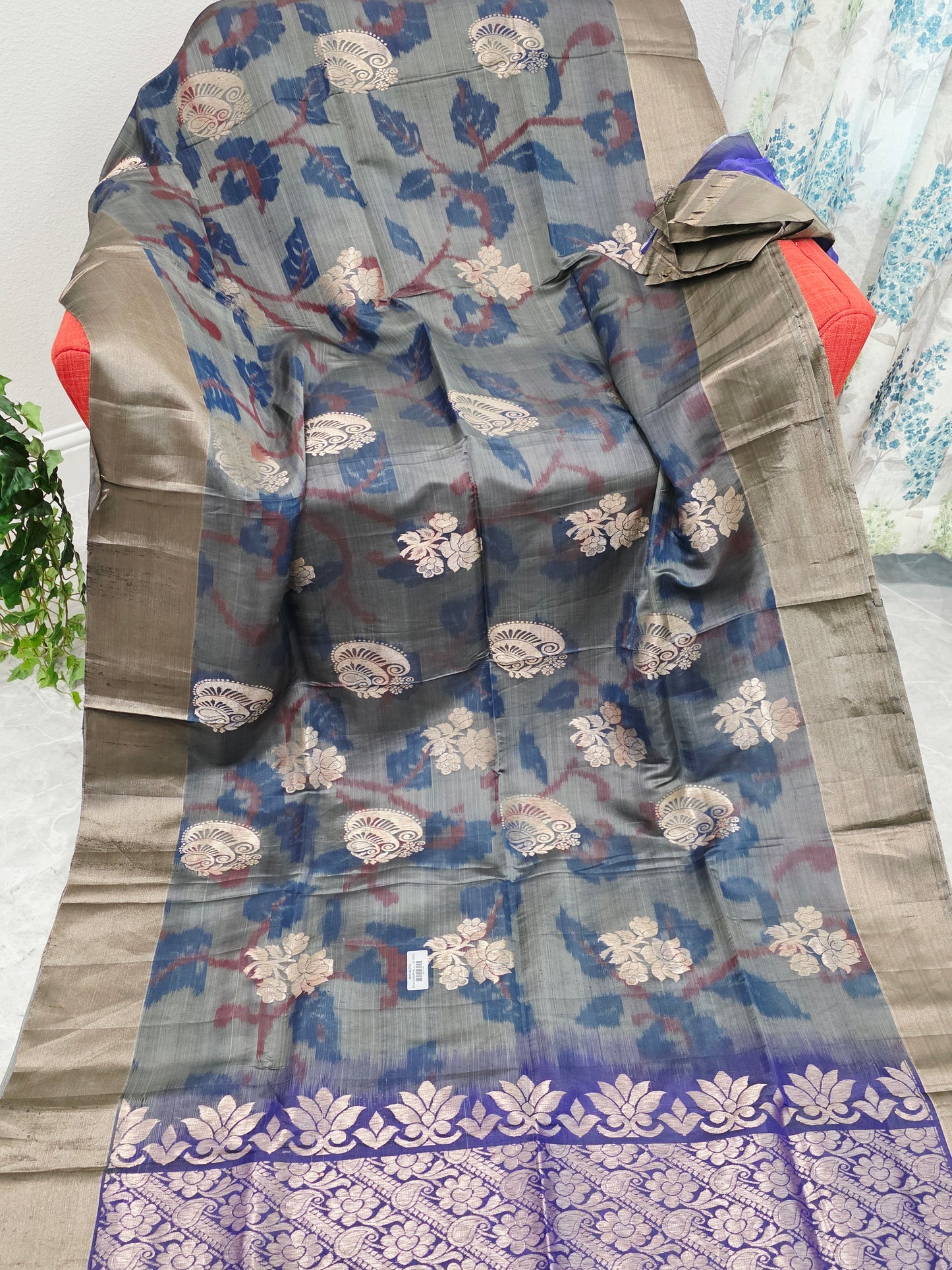 Charcoal Blue Semi Kanchi Soft Silk Pochampally Print Saree