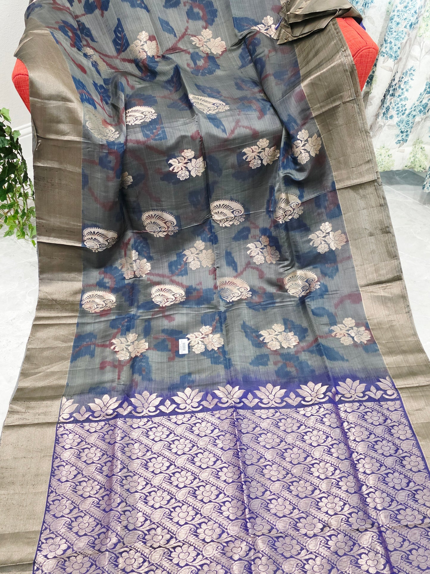 Charcoal Blue Semi Kanchi Soft Silk Pochampally Print Saree