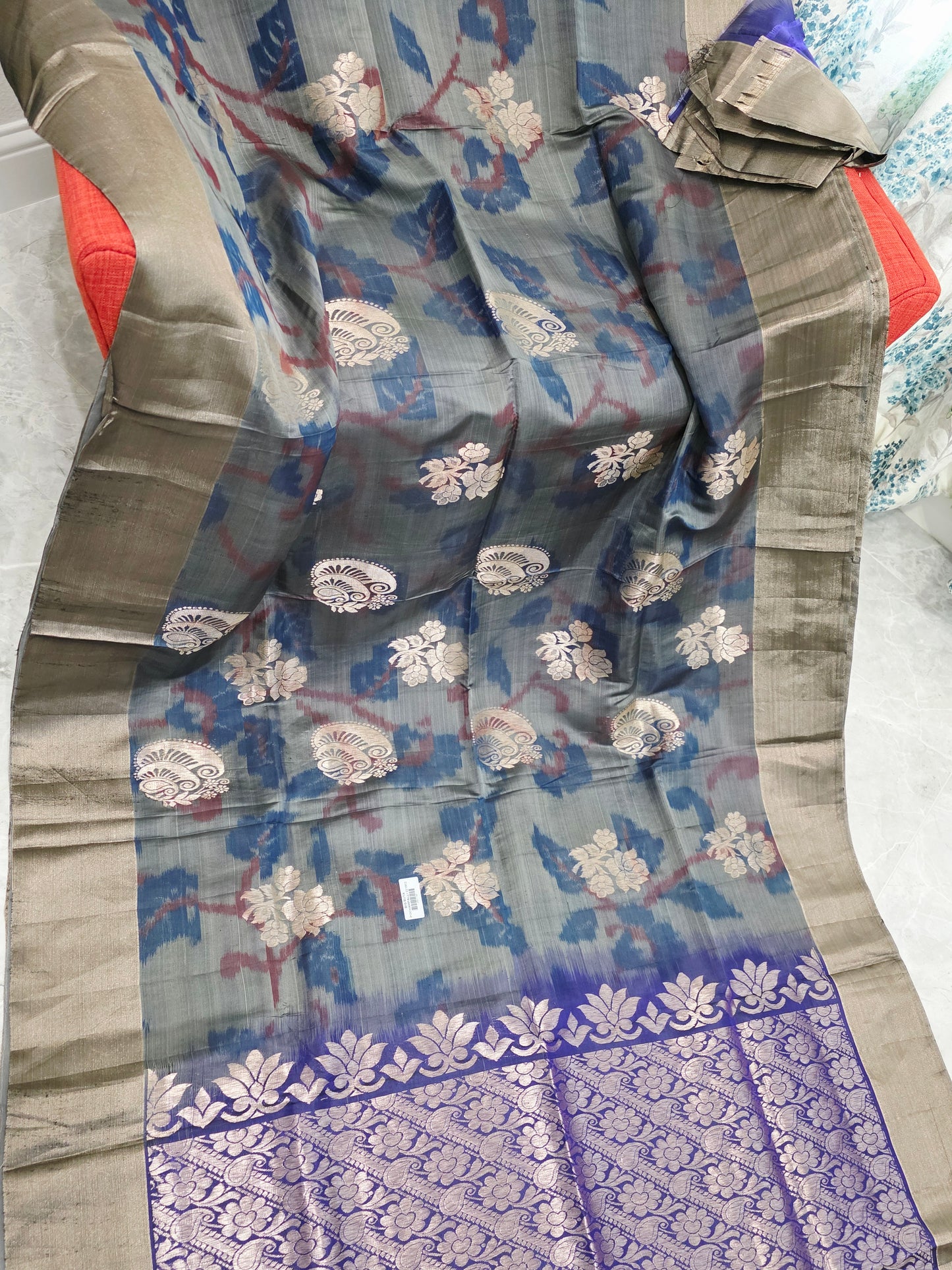 Charcoal Blue Semi Kanchi Soft Silk Pochampally Print Saree
