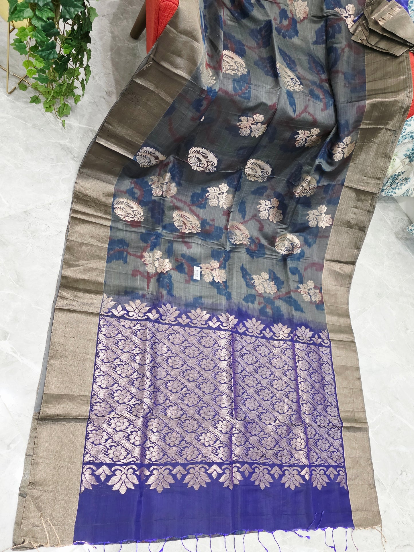 Charcoal Blue Semi Kanchi Soft Silk Pochampally Print Saree